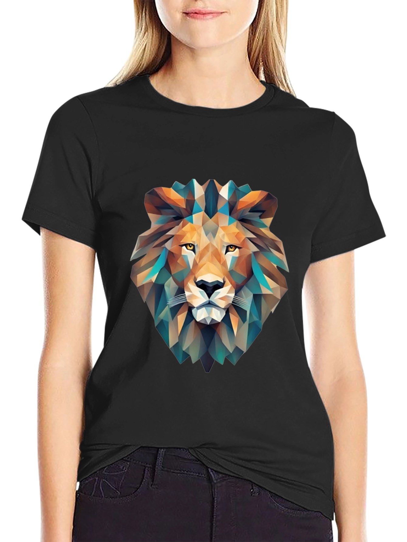 Geometric Lion Graphic T-Shirt - Black