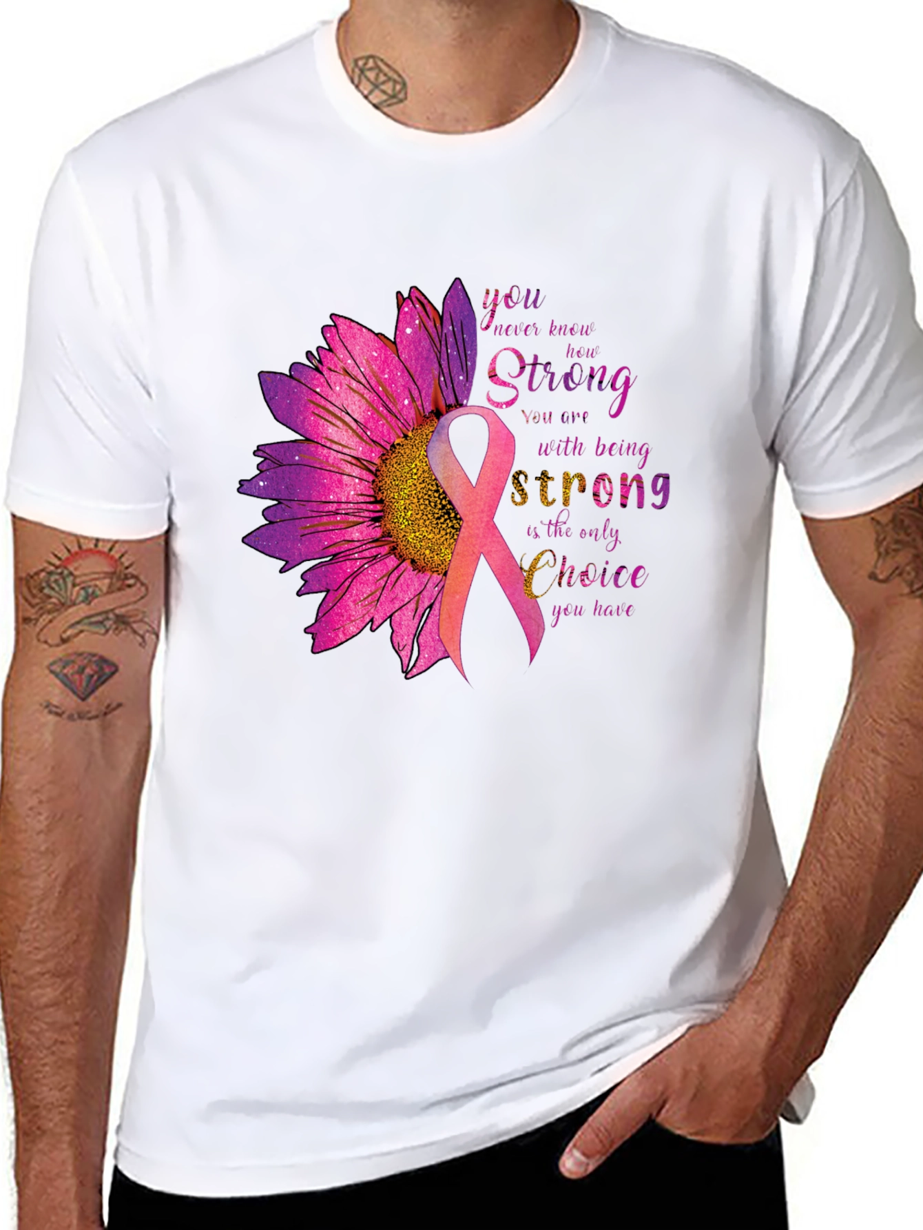 Breast Cancer Awareness T-Shirt Sunflower Ribbon Strong