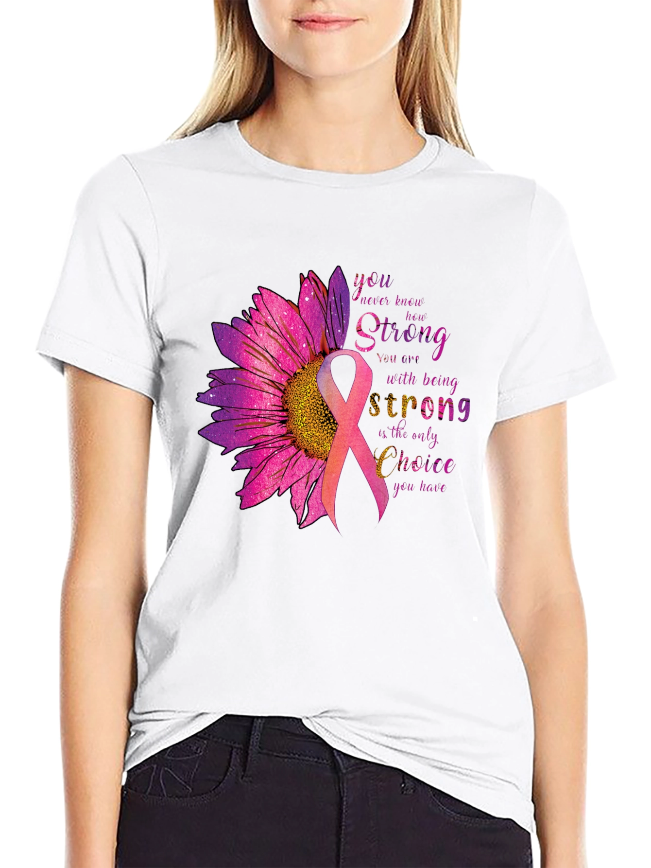 Breast Cancer Awareness T-Shirt Sunflower Ribbon Strong