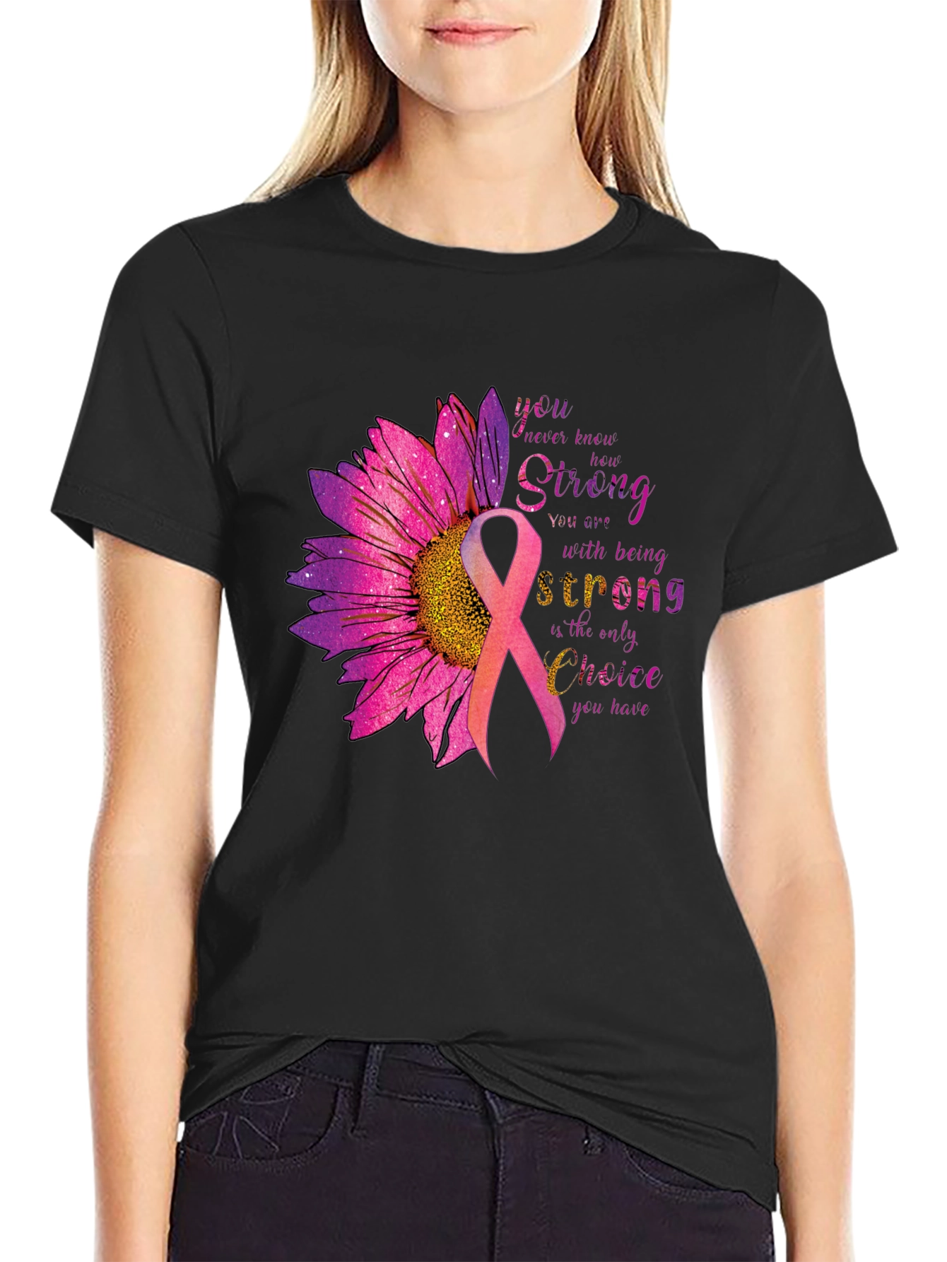 Breast Cancer Awareness T-Shirt Sunflower Ribbon Strong