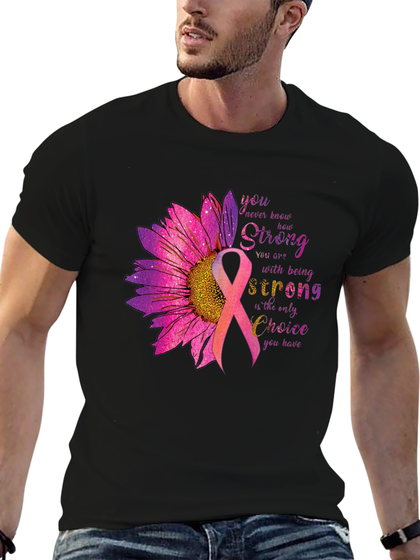 Breast Cancer Awareness T-Shirt Sunflower Ribbon Strong