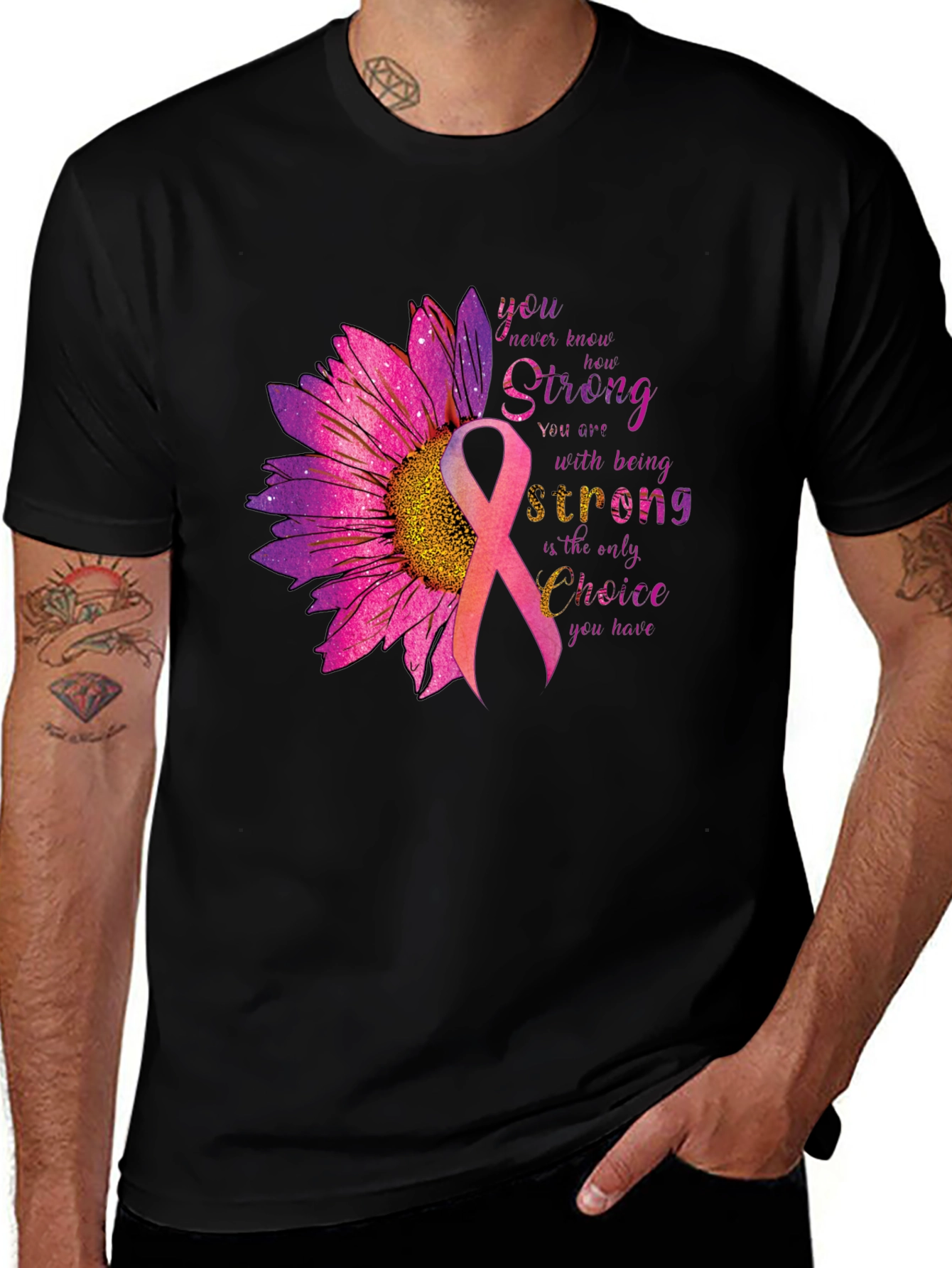 Breast Cancer Awareness T-Shirt Sunflower Ribbon Strong