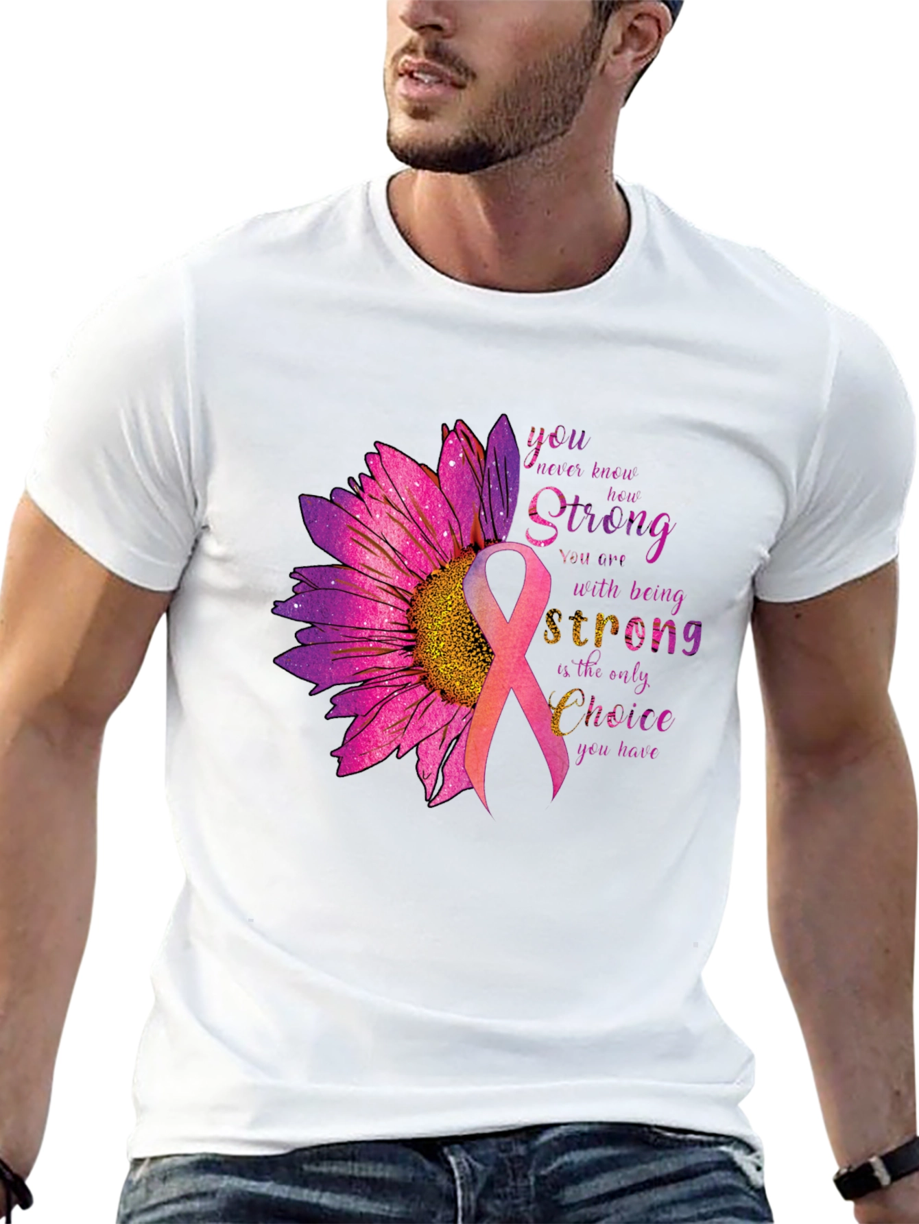 Breast Cancer Awareness T-Shirt Sunflower Ribbon Strong