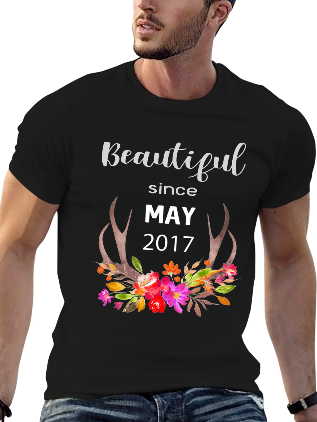 Beautiful Since May 2017 Floral Antler Graphic Tee