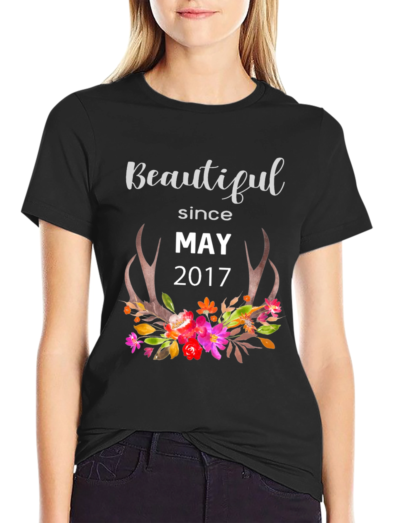 Beautiful Since May 2017 Floral Antler Graphic Tee