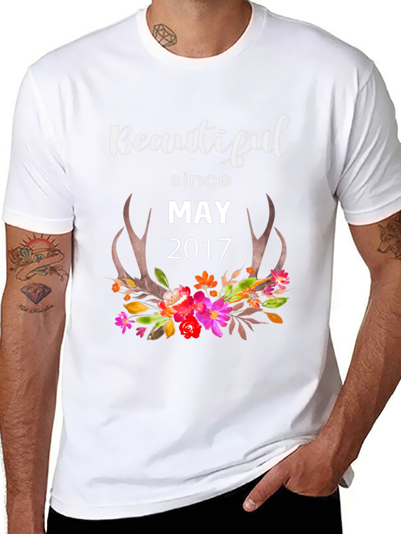 Beautiful Since May 2017 Floral Antler Graphic Tee