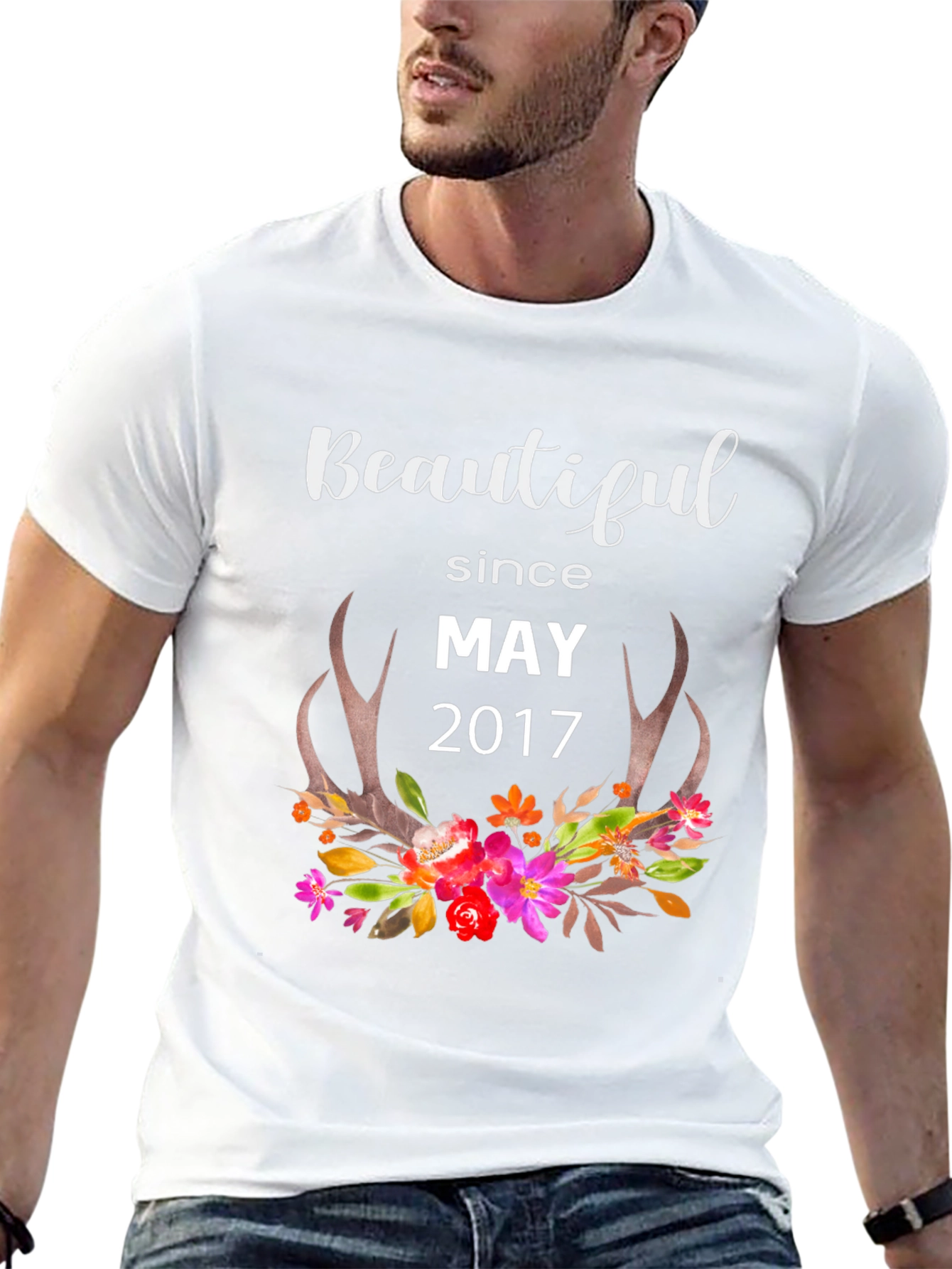 Beautiful Since May 2017 Floral Antler Graphic Tee