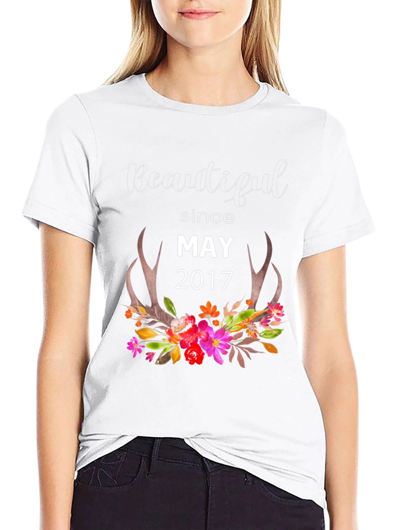 Beautiful Since May 2017 Floral Antler Graphic Tee