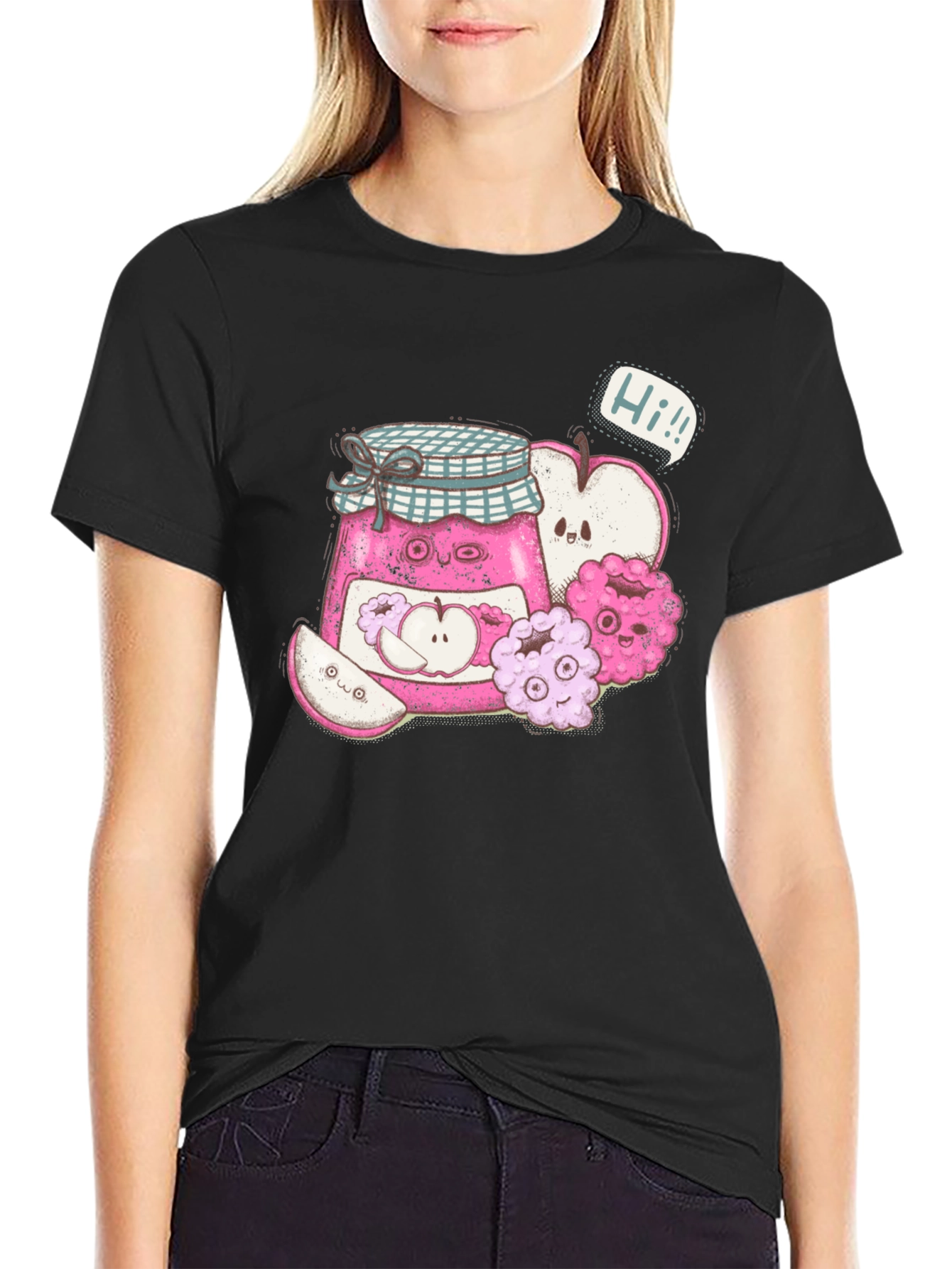 Kawaii Apple Jam Cartoon Black T-Shirt