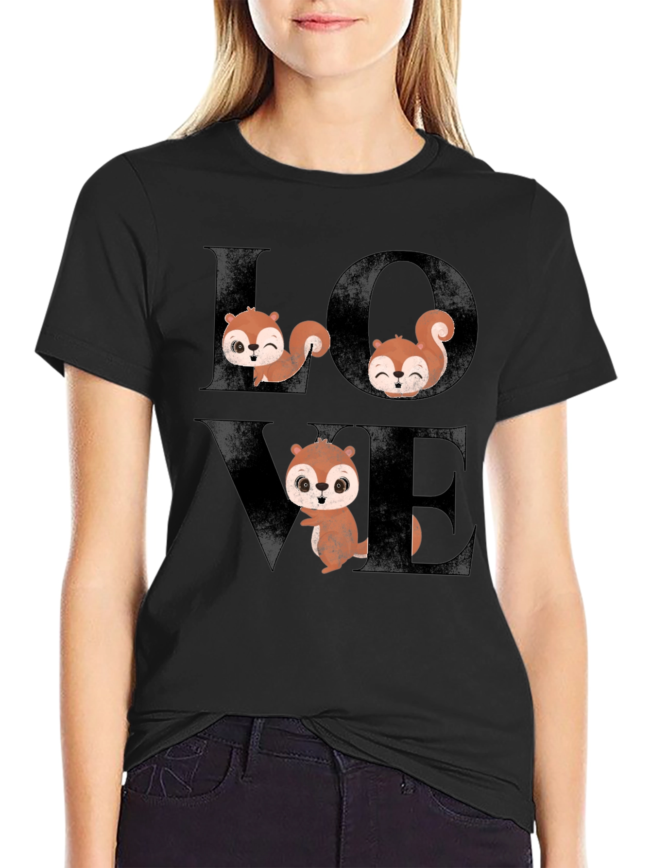 Squirrel Love Graphic Tee - Black Cotton T-Shirt