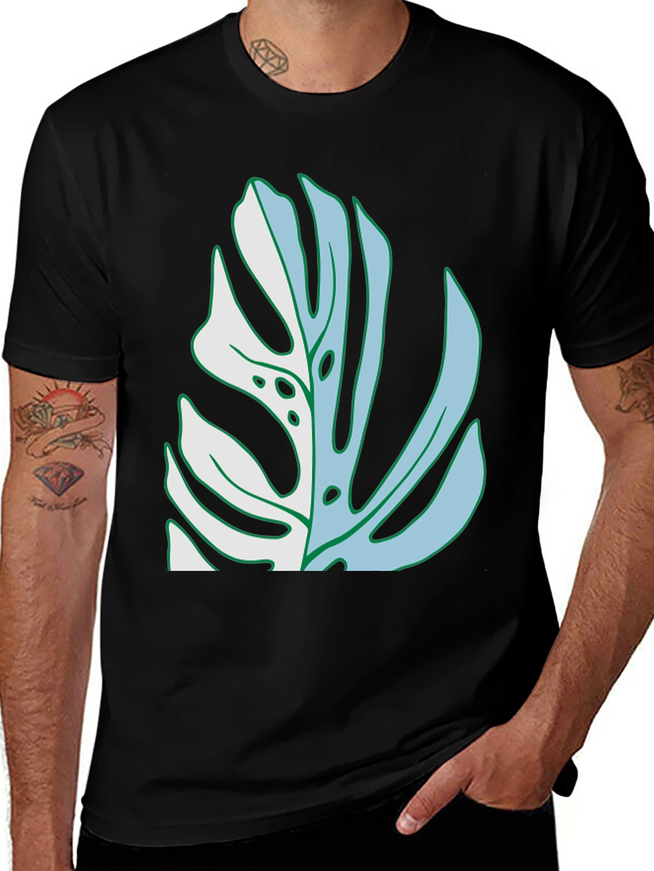 Monstera Leaf Graphic Tee - Black Cotton Casual Shirt