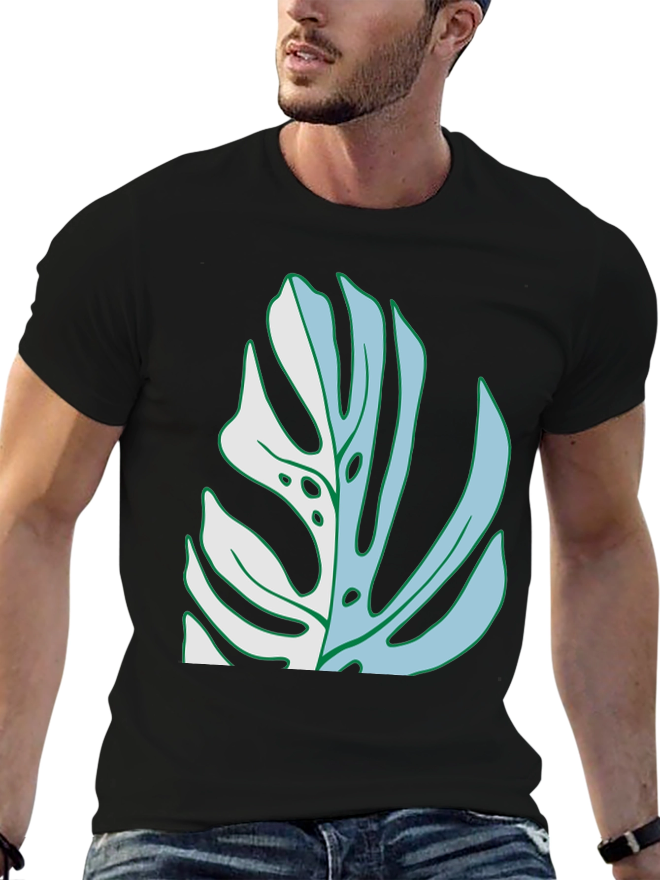 Monstera Leaf Graphic Tee - Black Cotton Casual Shirt