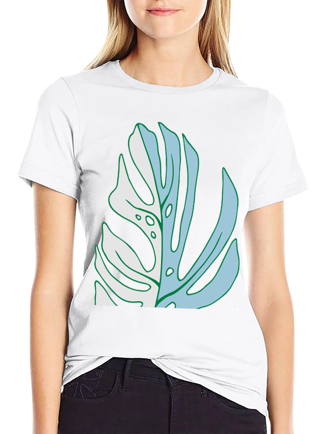 Monstera Leaf Graphic Tee - Black Cotton Casual Shirt