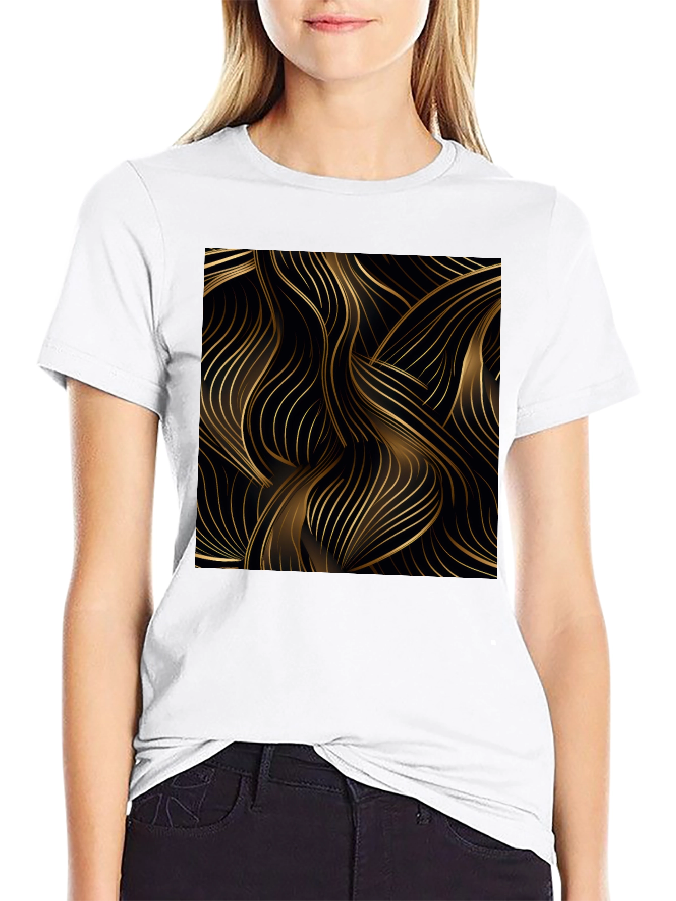 Stylish Black Tee with Abstract Gold Line Design