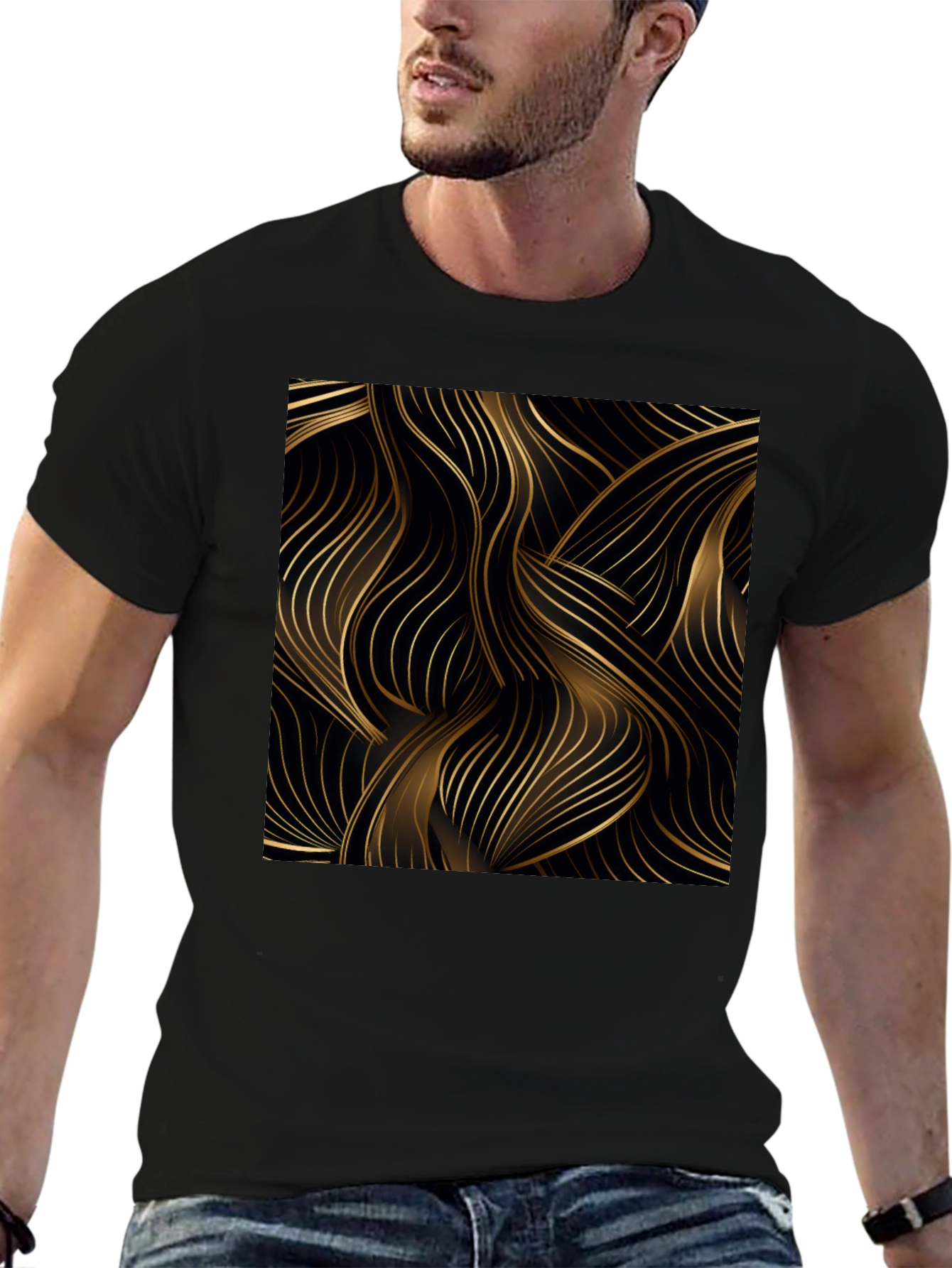 Stylish Black Tee with Abstract Gold Line Design