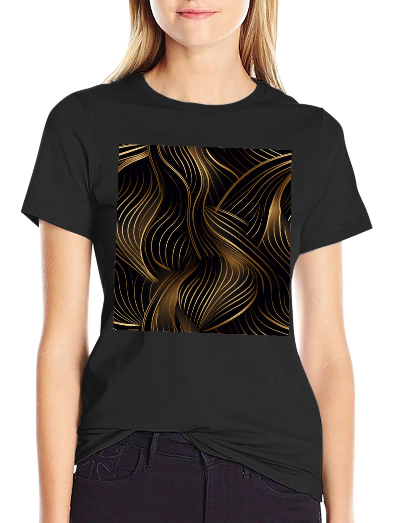 Stylish Black Tee with Abstract Gold Line Design