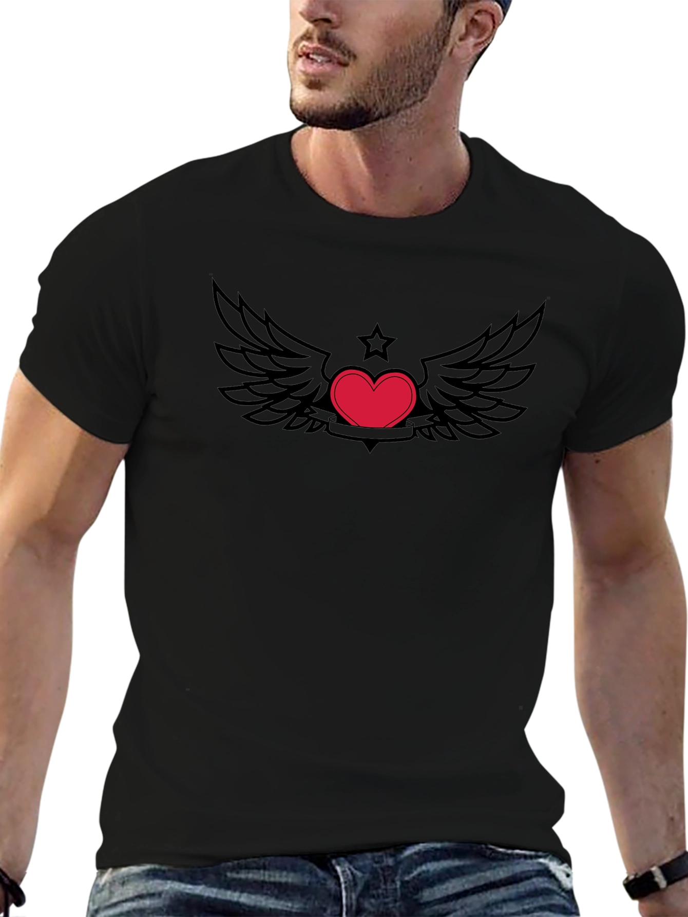 Heart with Wings Graphic Tee - Black Cotton T-Shirt