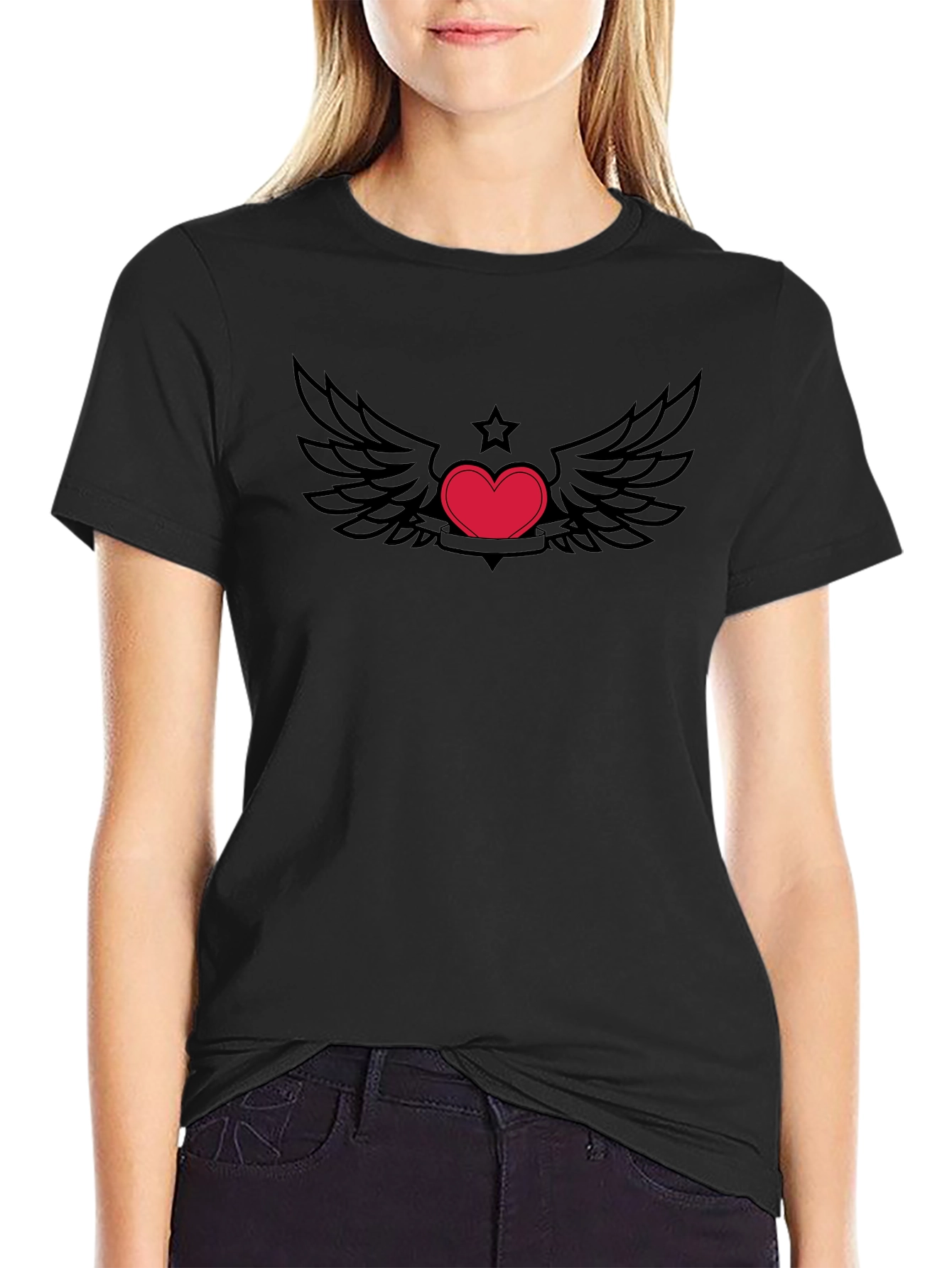 Heart with Wings Graphic Tee - Black Cotton T-Shirt