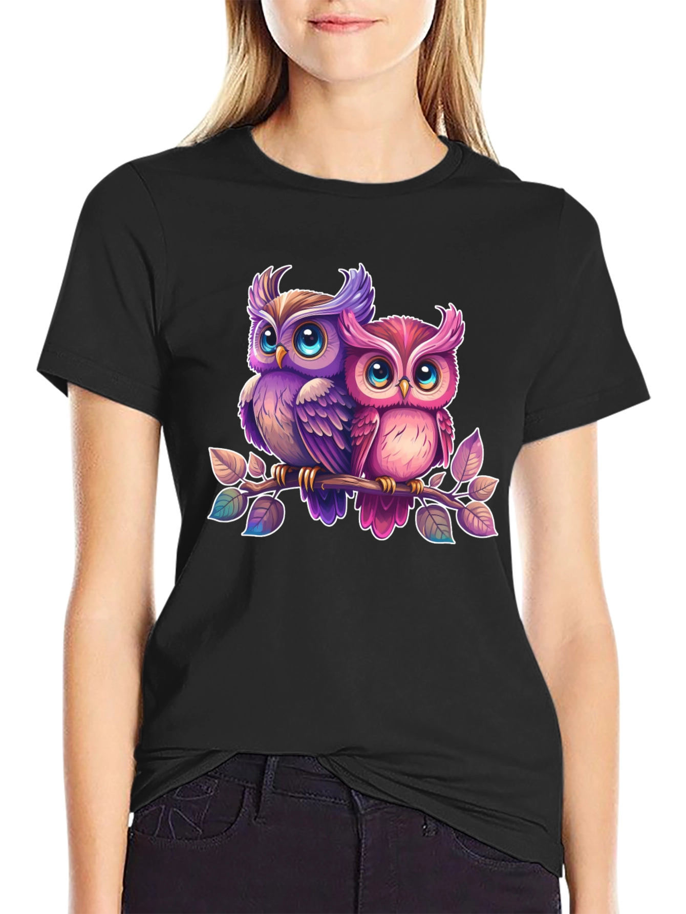 Cute Owl Couple Black T-Shirt
