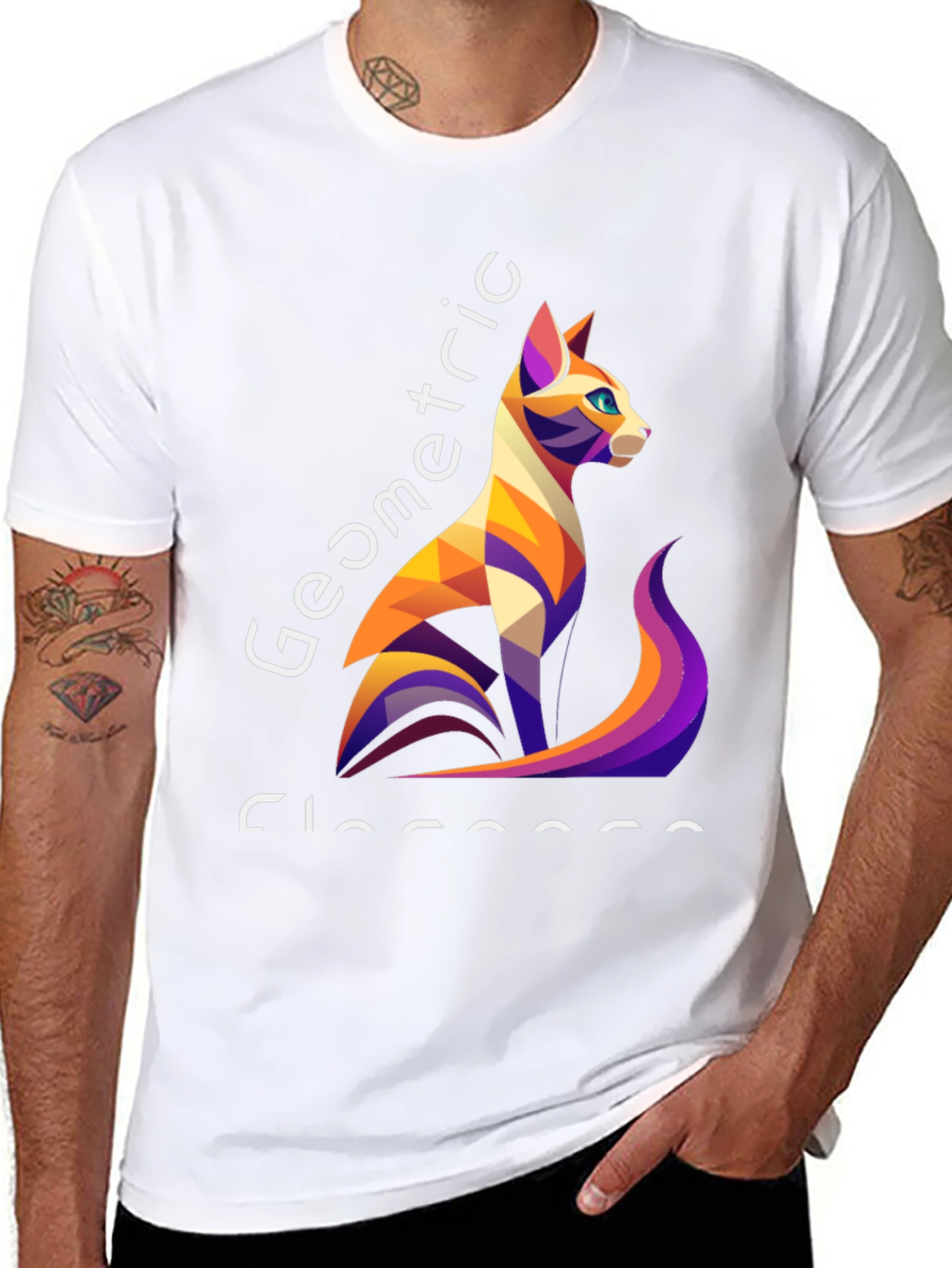 Geometric Cat Design Black T-Shirt