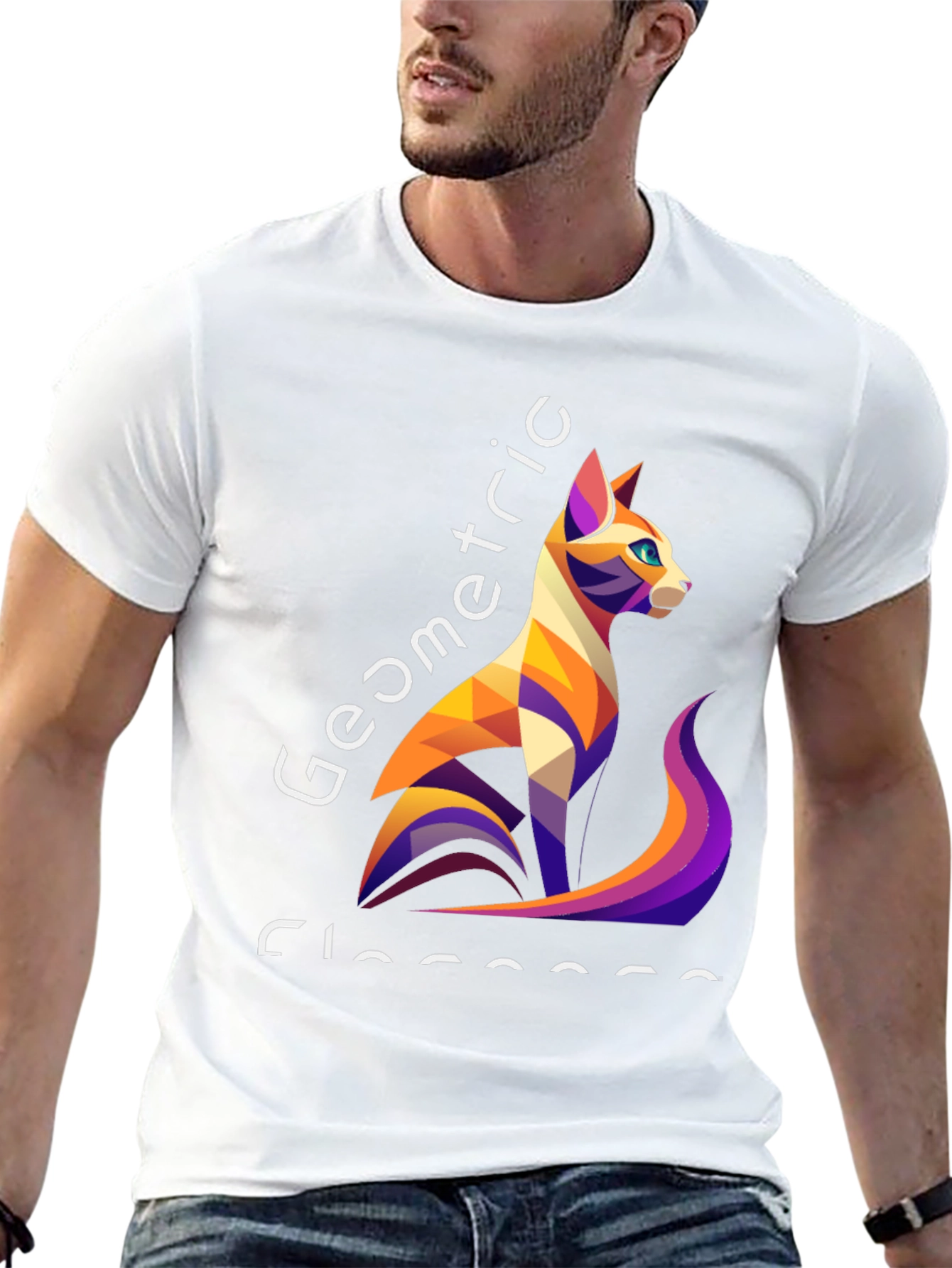 Geometric Cat Design Black T-Shirt