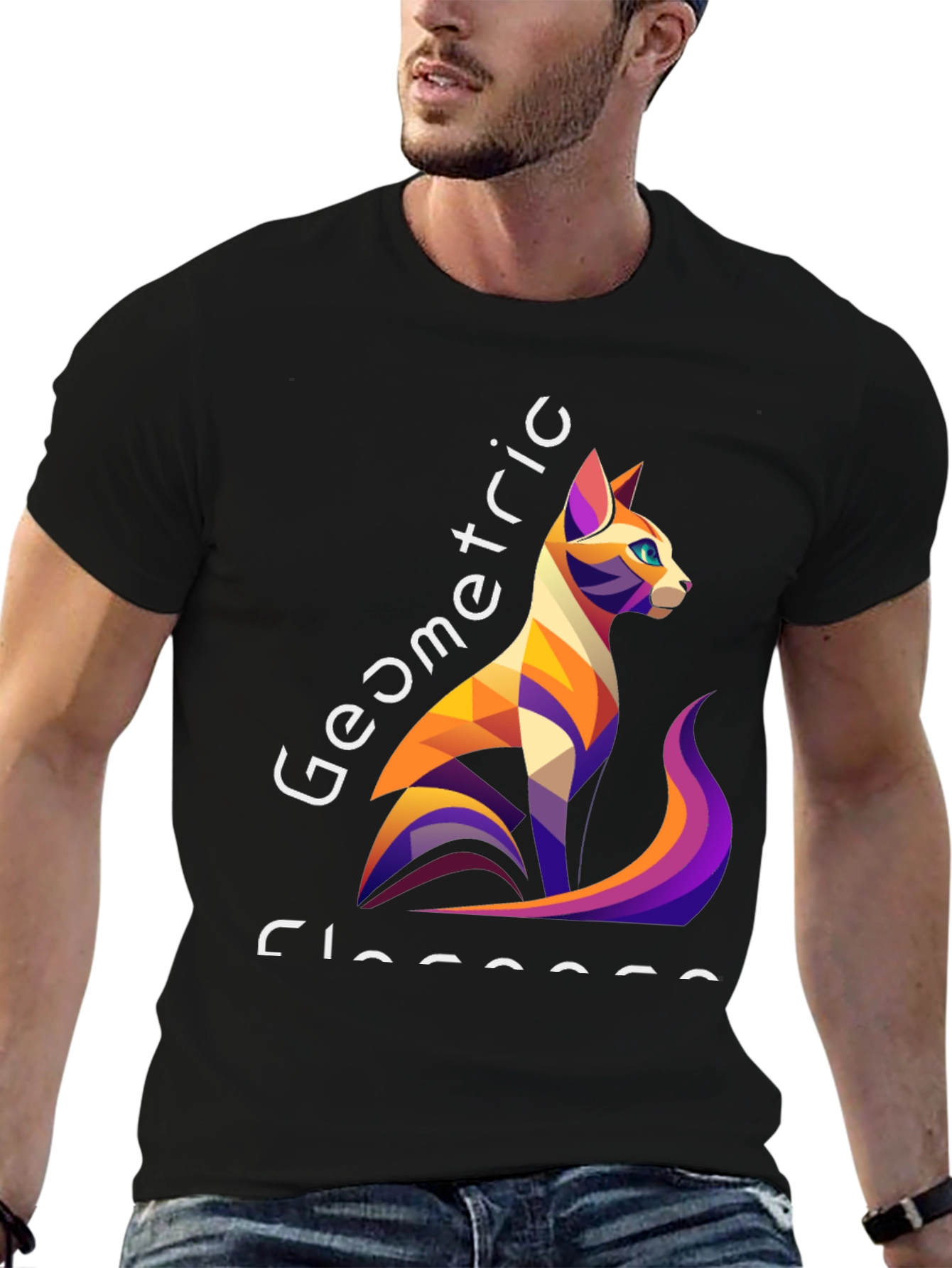 Geometric Cat Design Black T-Shirt