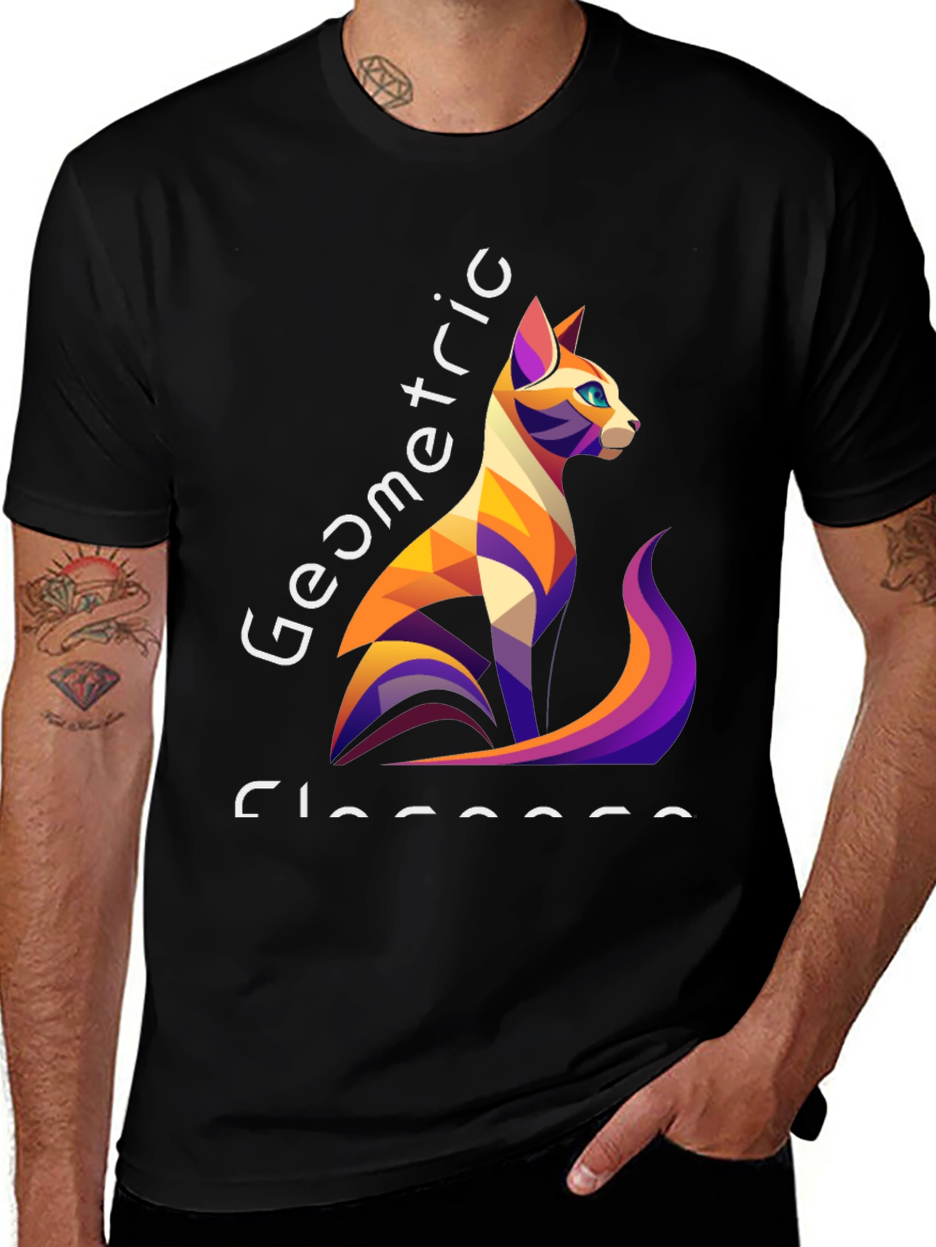 Geometric Cat Design Black T-Shirt