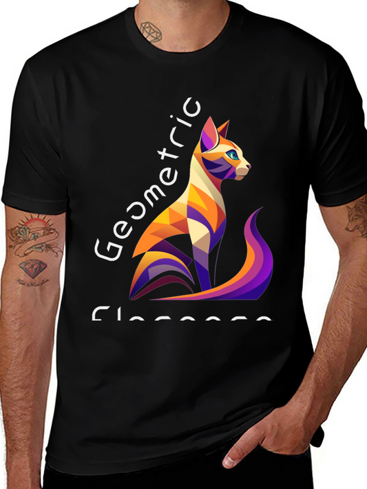Geometric Cat Design Black T-Shirt