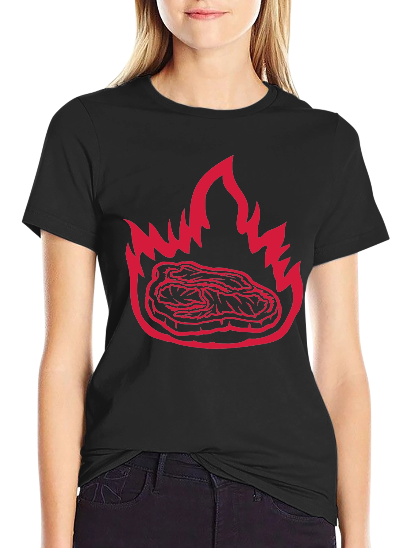 Flaming Steak Graphic Tee - Bold Black T-Shirt
