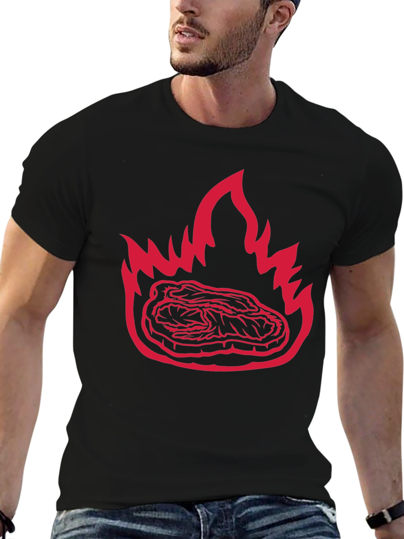 Flaming Steak Graphic Tee - Bold Black T-Shirt