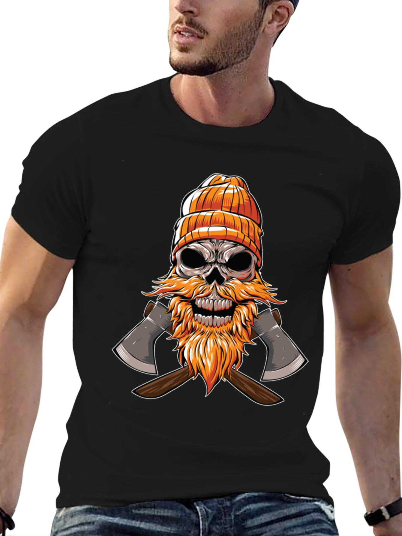 Skull Lumberjack Graphic Tee - Black Cotton Shirt