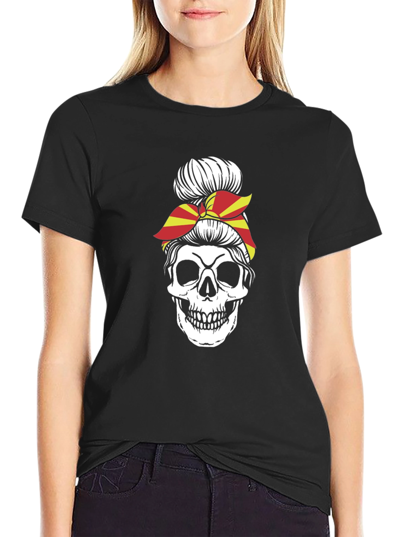 Skull Messy Bun Macedonia Flag Graphic Tee