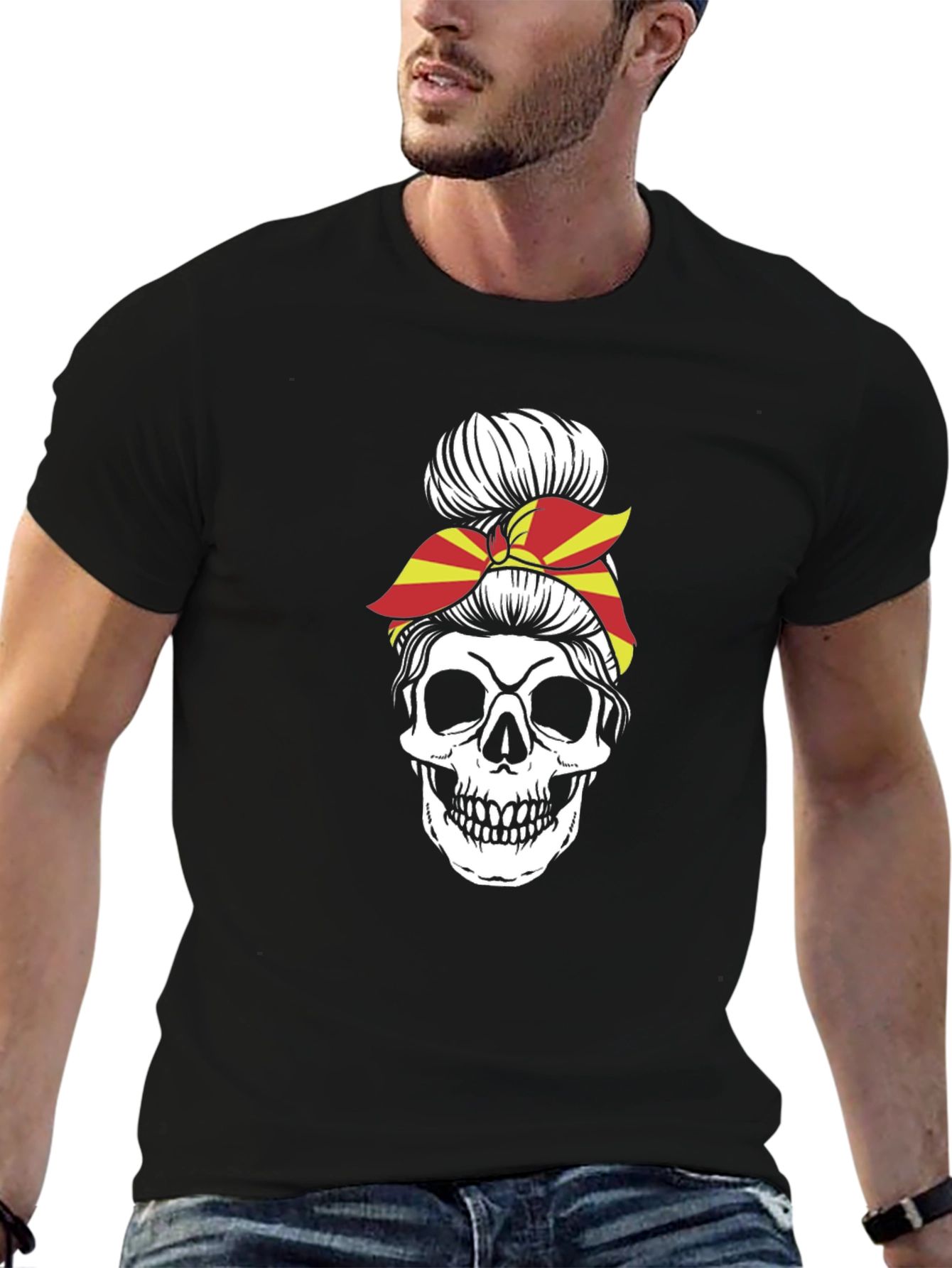 Skull Messy Bun Macedonia Flag Graphic Tee