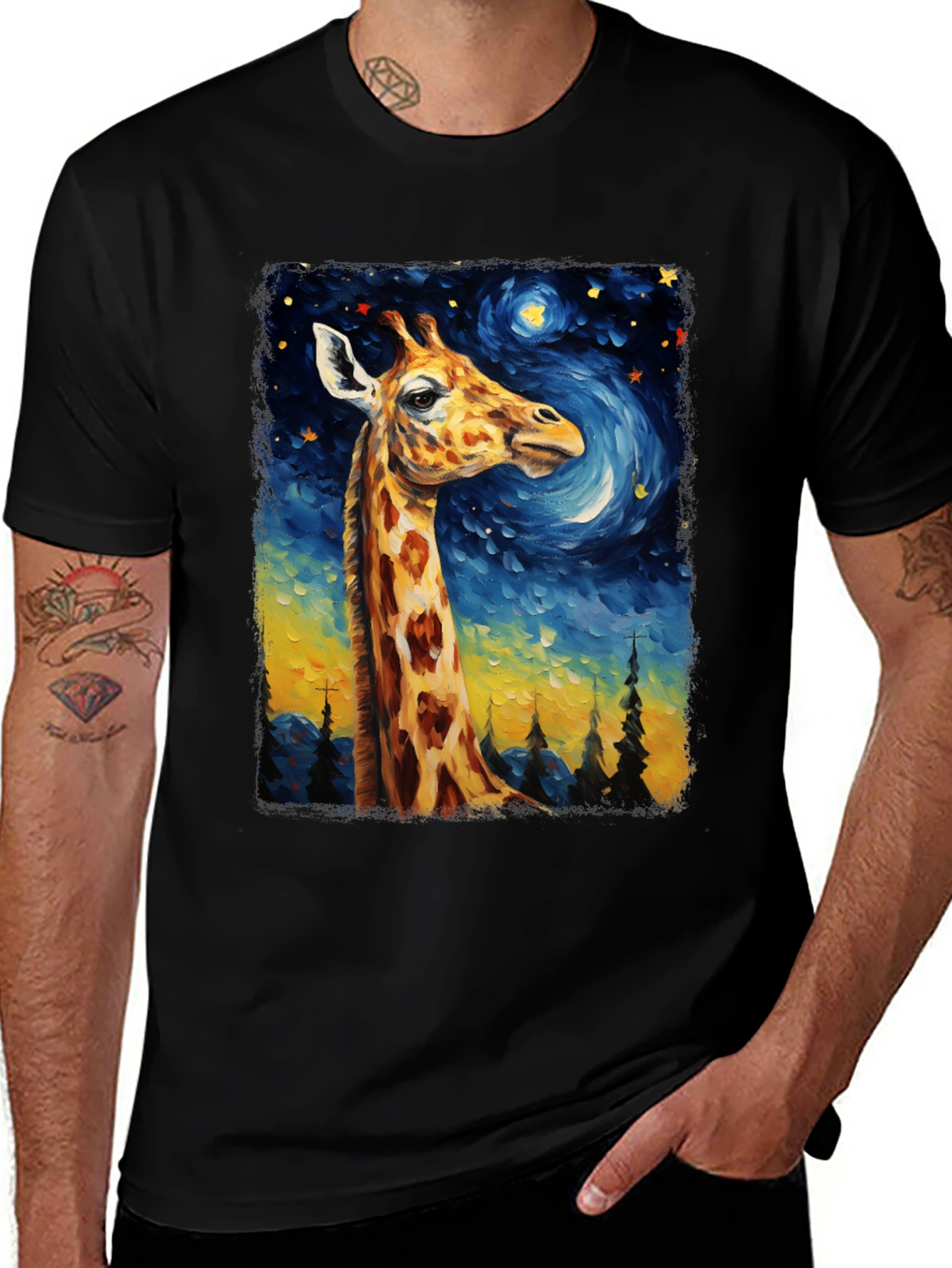 Giraffe Starry Night Art T-Shirt