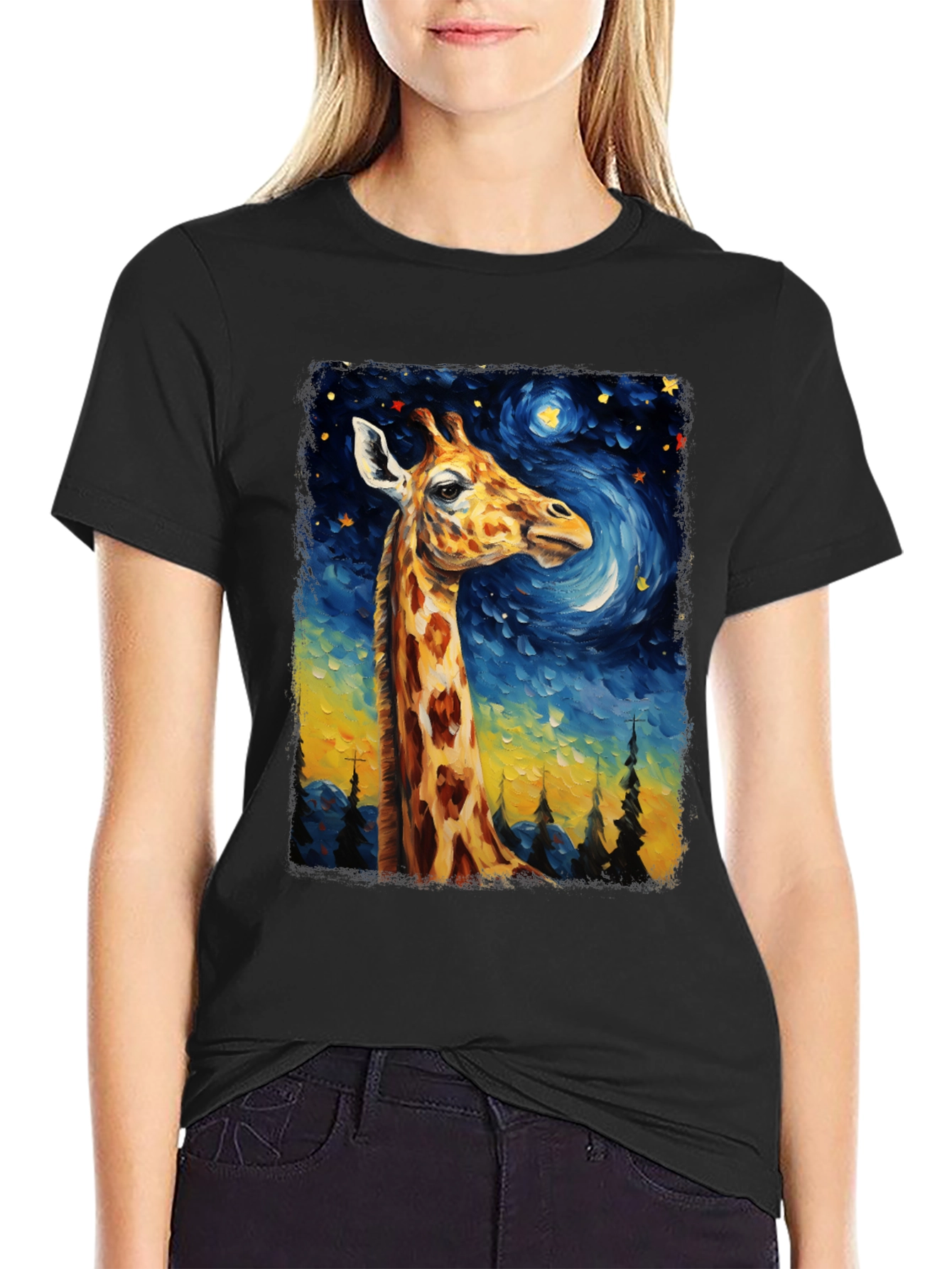 Giraffe Starry Night Art T-Shirt