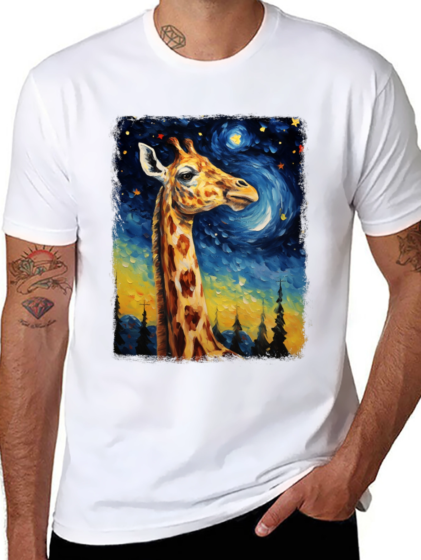 Giraffe Starry Night Art T-Shirt