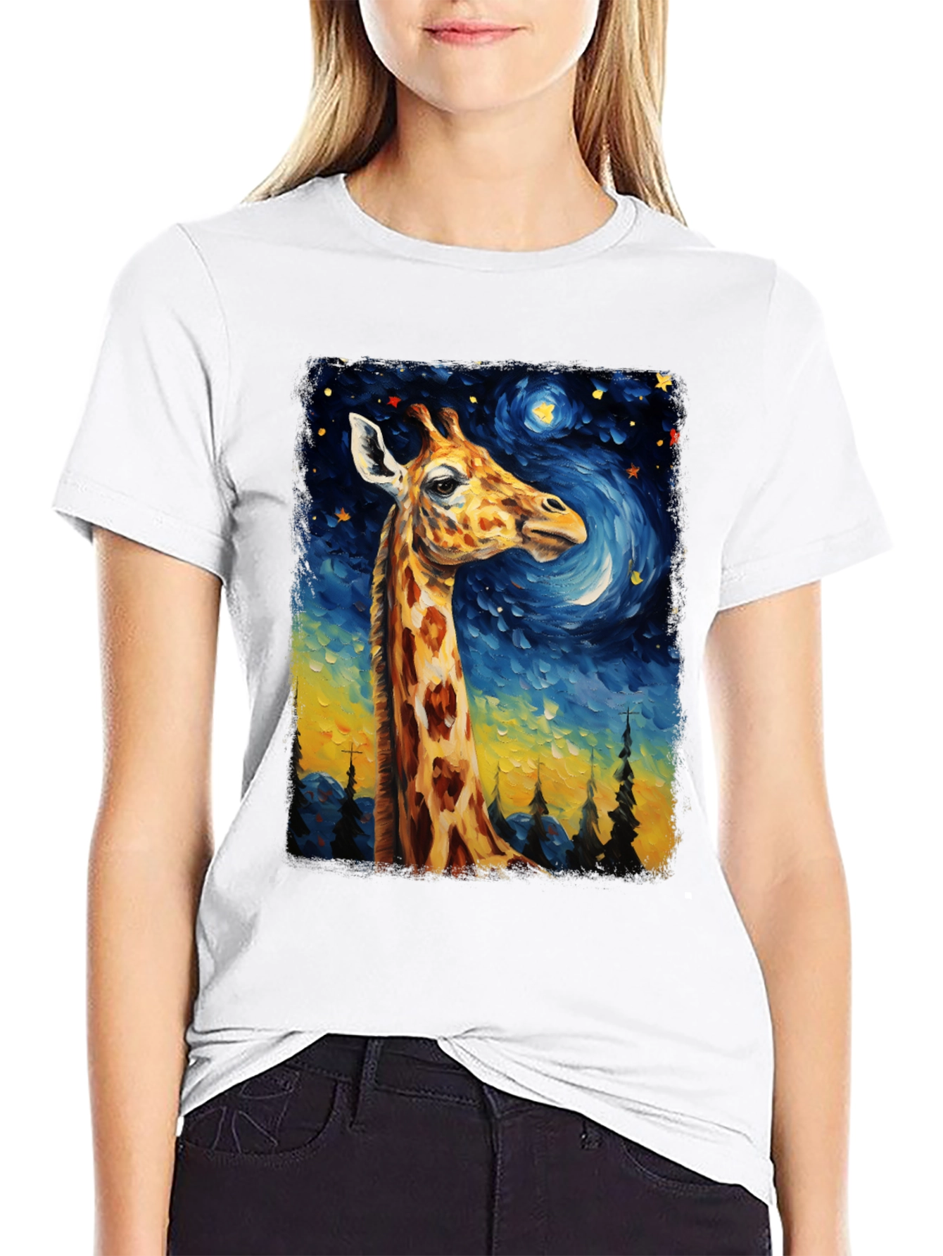 Giraffe Starry Night Art T-Shirt