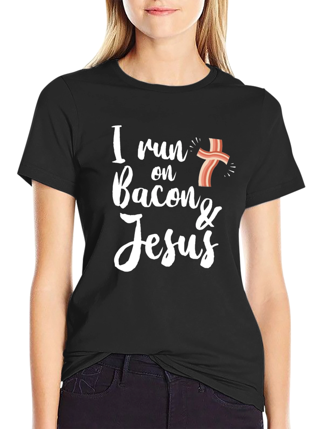 I Run on Bacon & Jesus Black Graphic T-Shirt