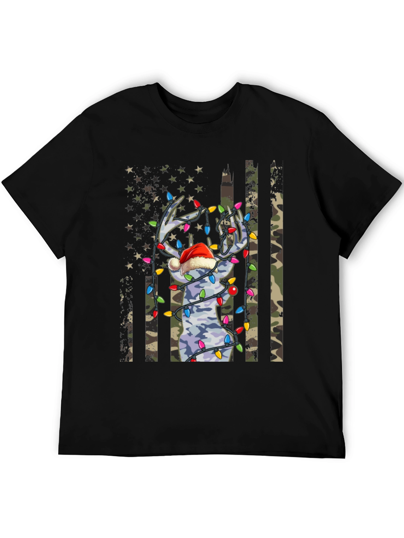 Camouflage Deer Christmas Lights Graphic Tee