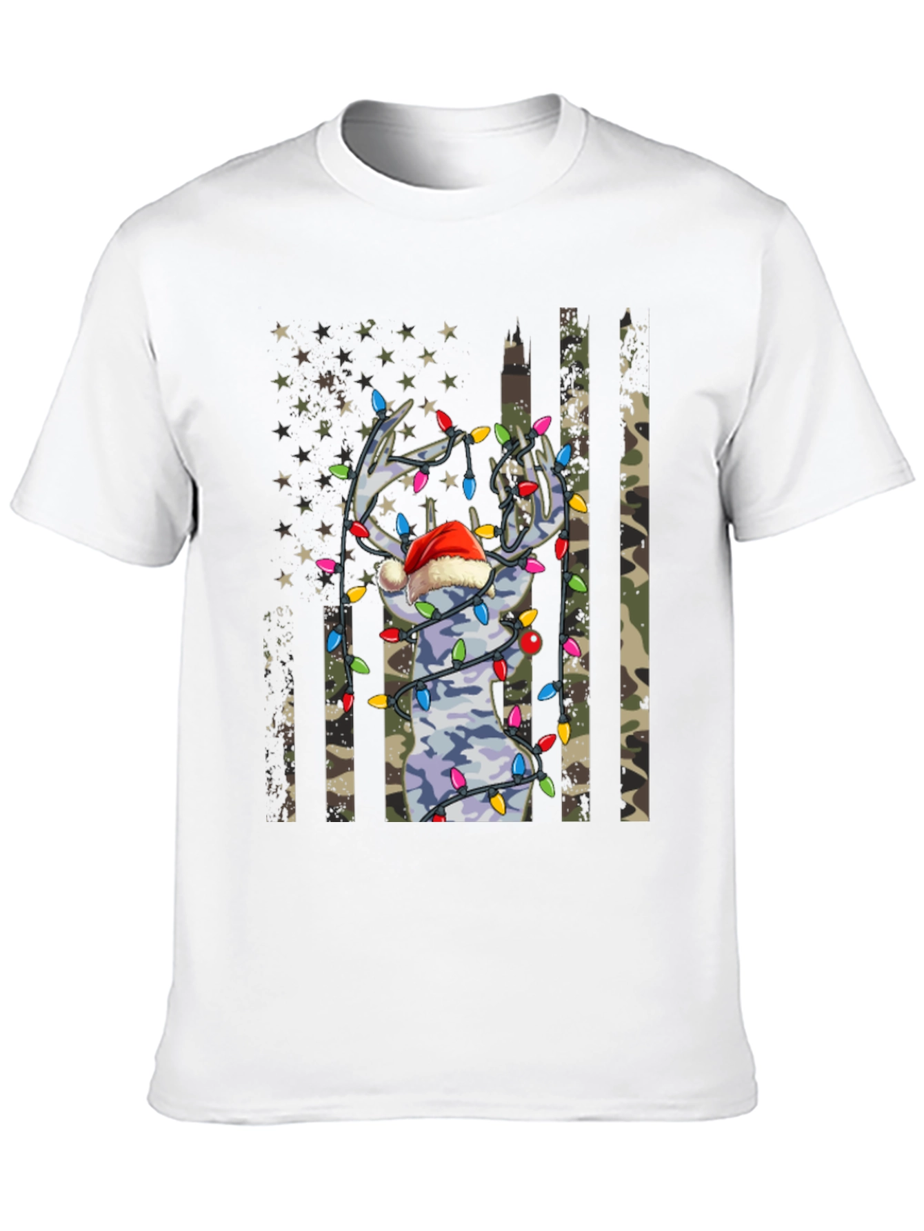 Camouflage Deer Christmas Lights Graphic Tee