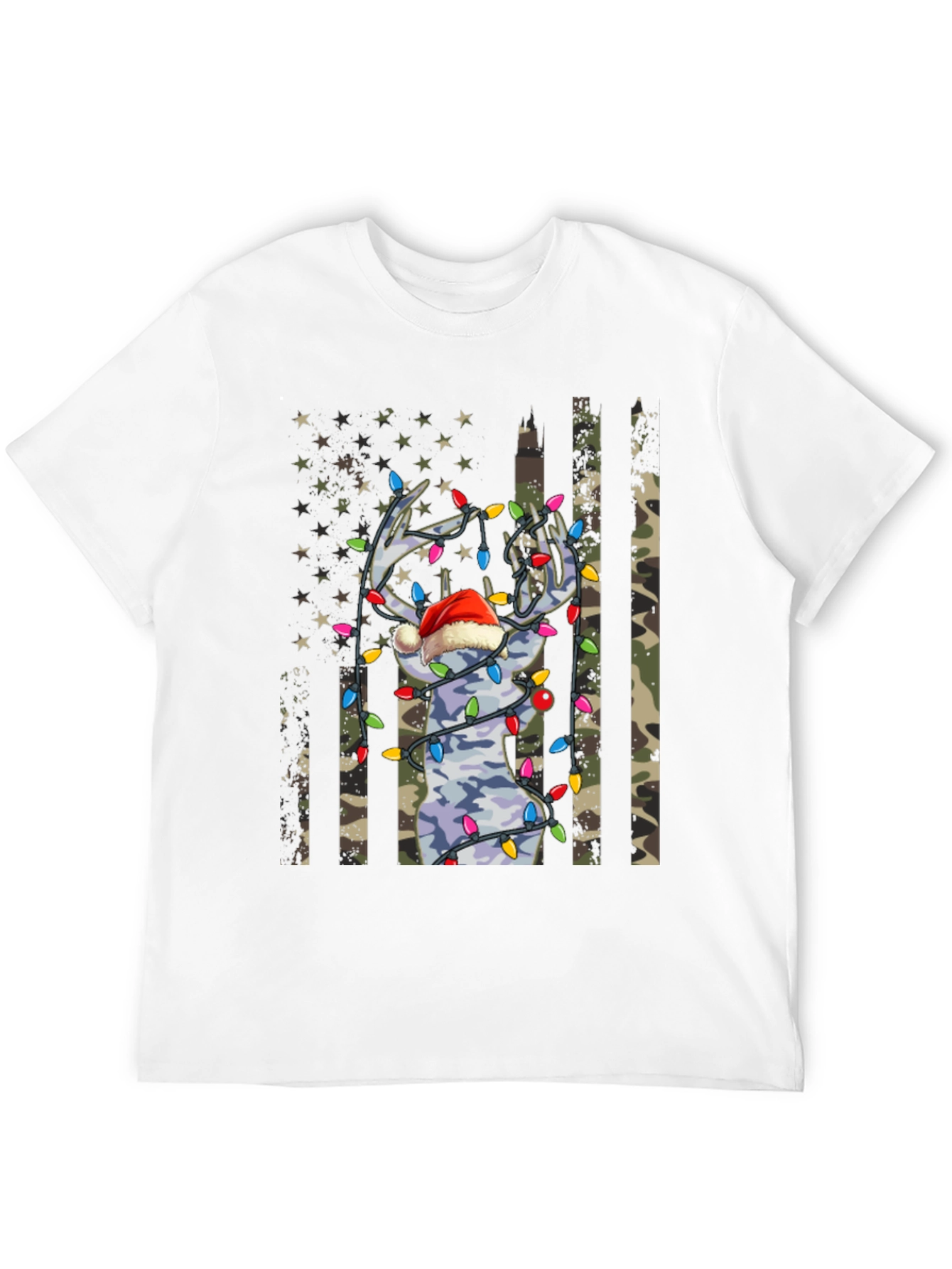 Camouflage Deer Christmas Lights Graphic Tee