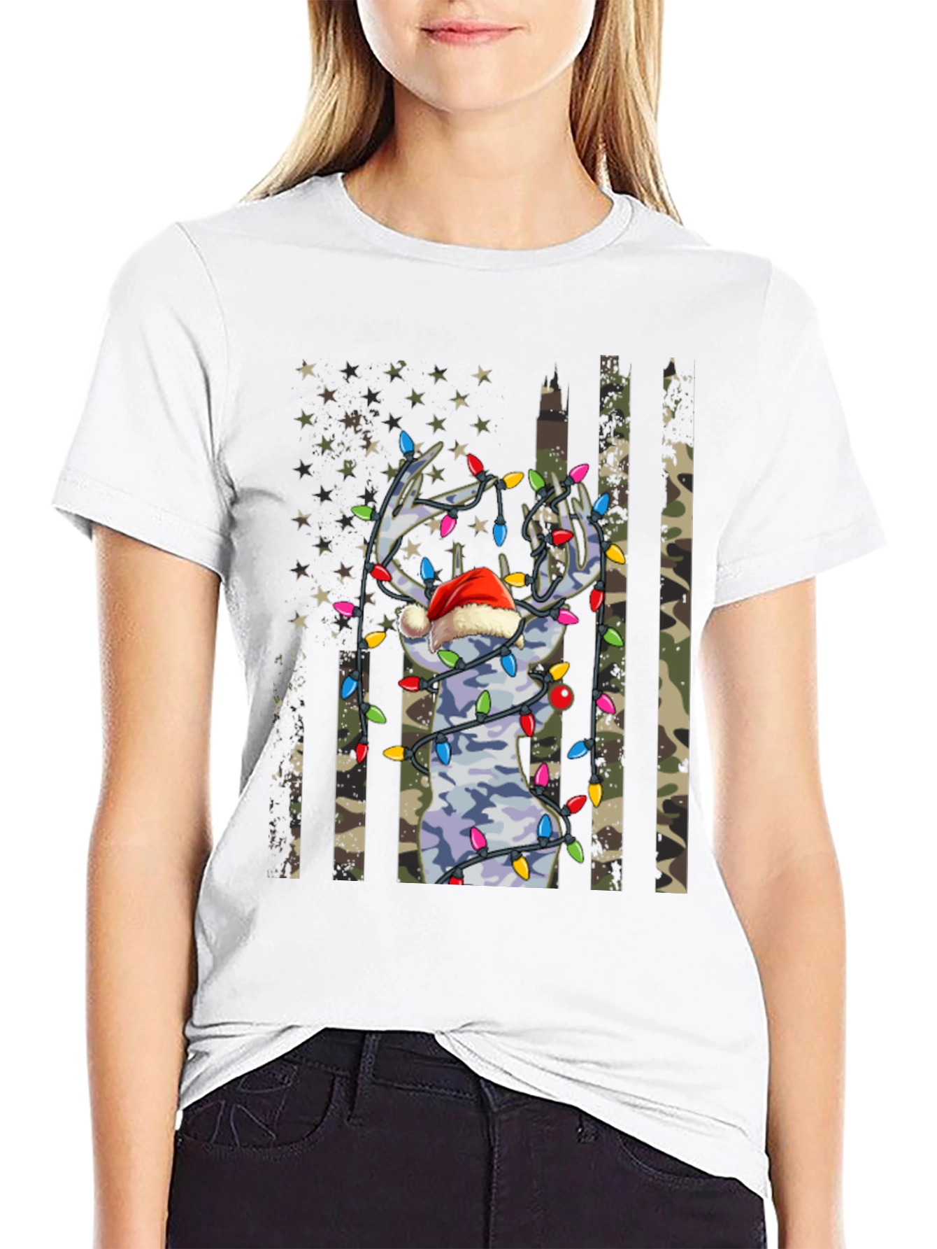 Camouflage Deer Christmas Lights Graphic Tee