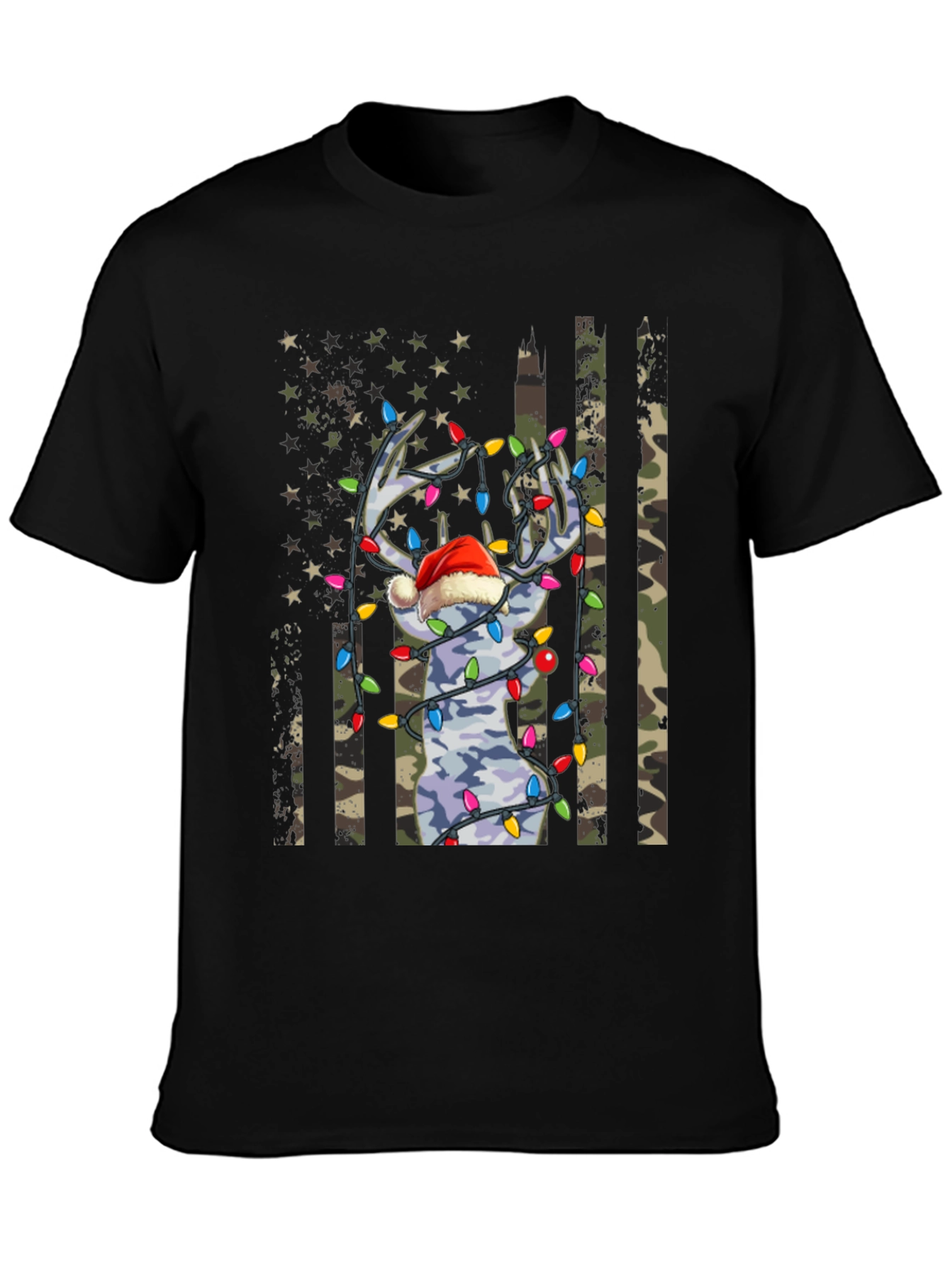 Camouflage Deer Christmas Lights Graphic Tee