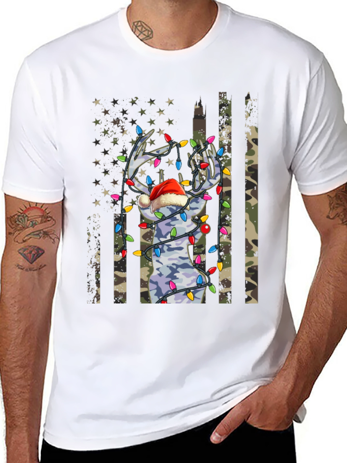 Camouflage Deer Christmas Lights Graphic Tee