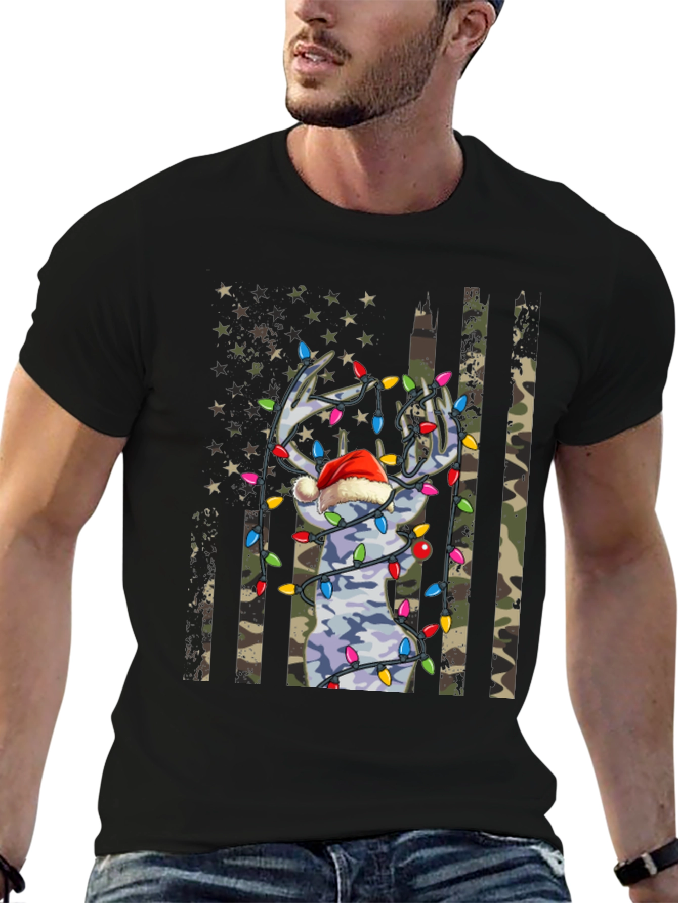 Camouflage Deer Christmas Lights Graphic Tee