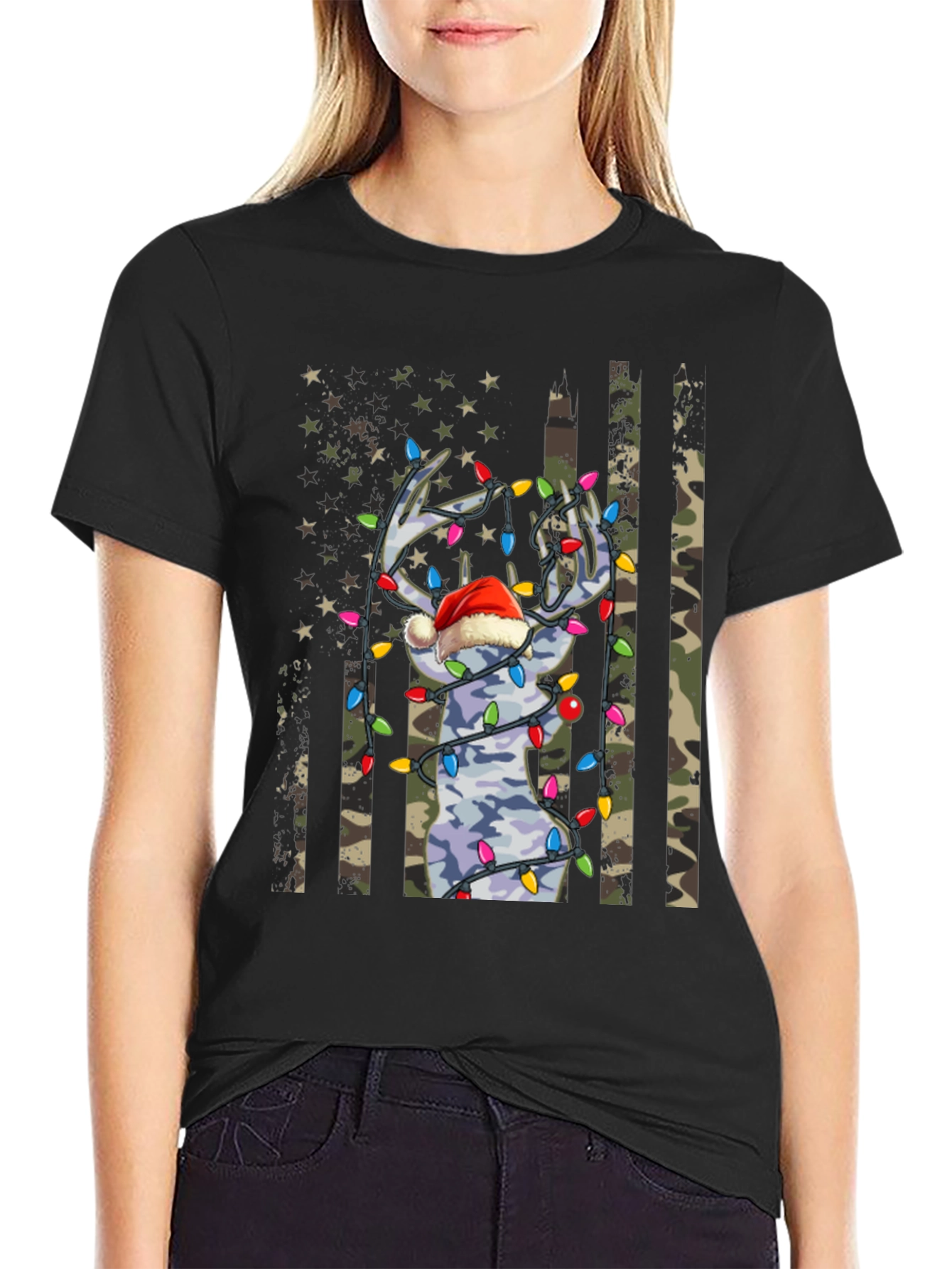 Camouflage Deer Christmas Lights Graphic Tee