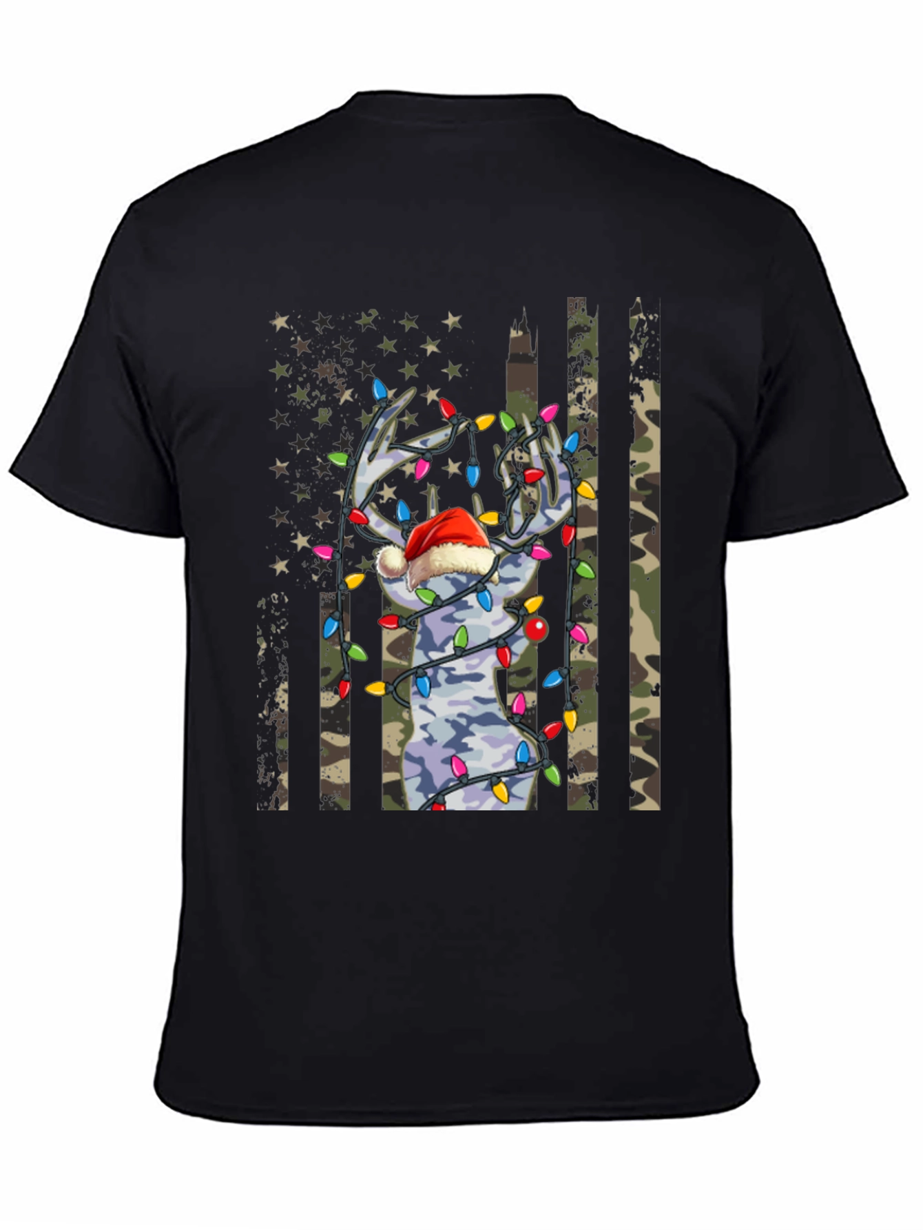 Camouflage Deer Christmas Lights Graphic Tee