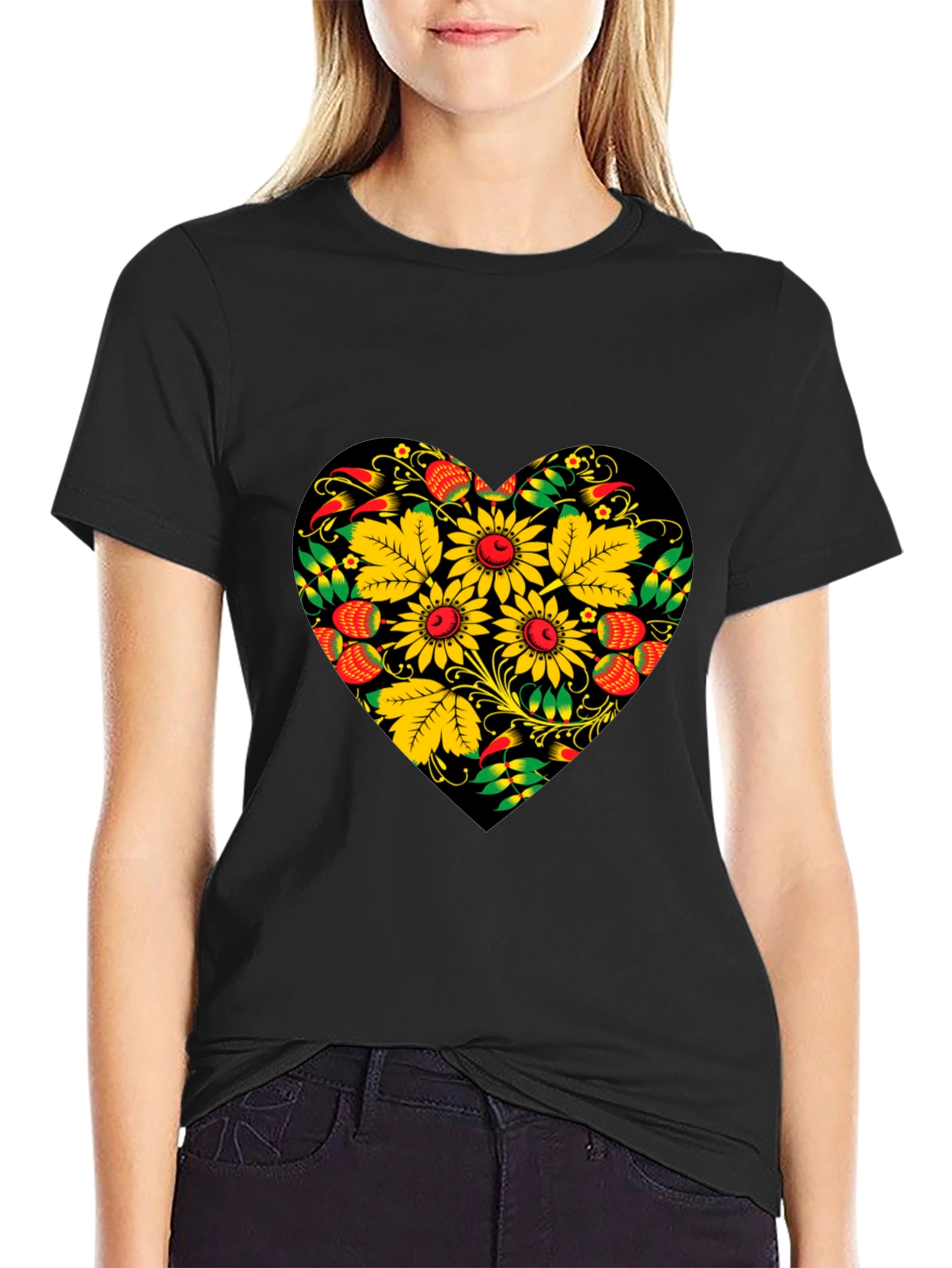 Floral Heart Black T-Shirt