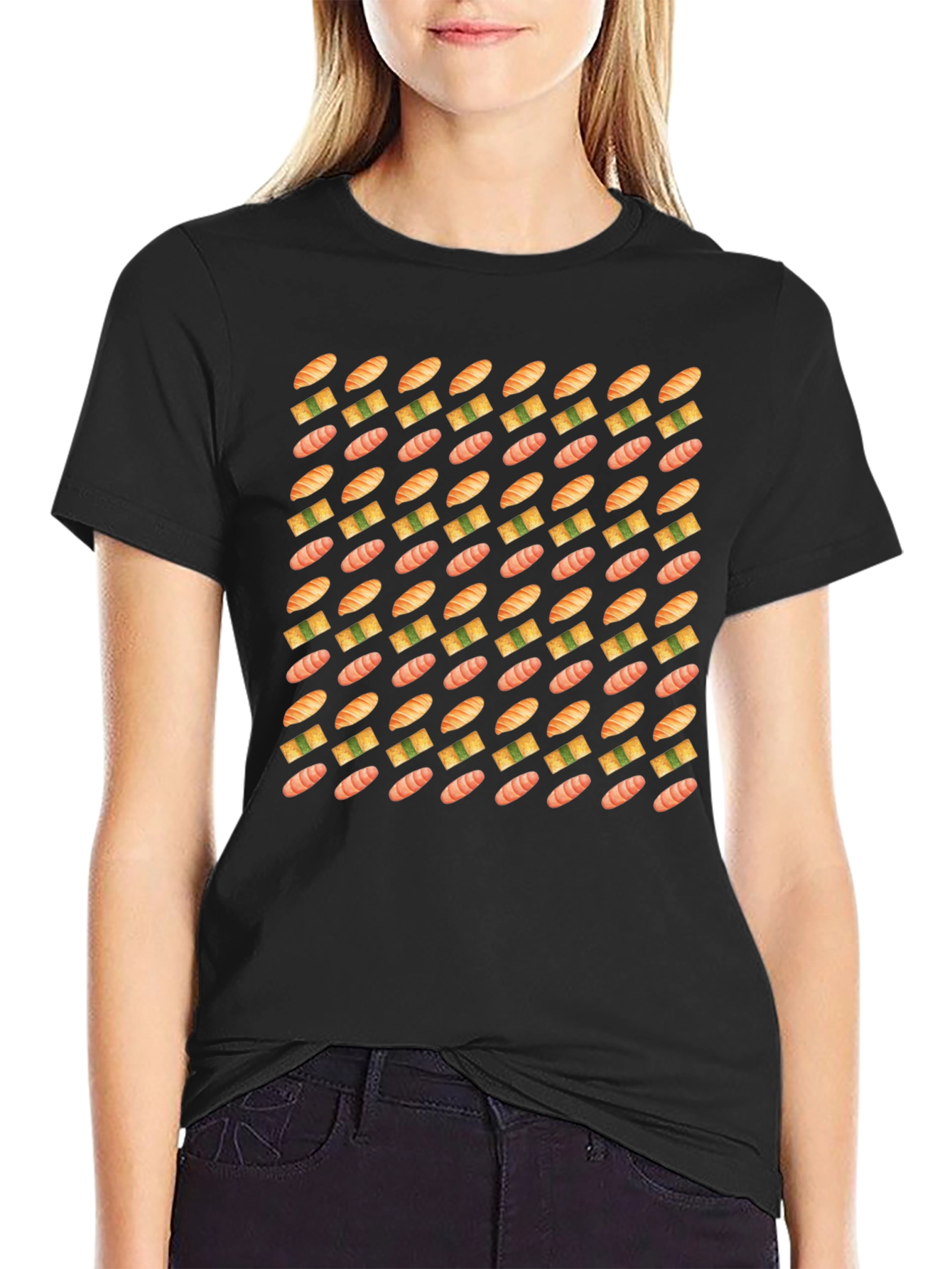Sushi Pattern Black T-Shirt - Foodie Fashion