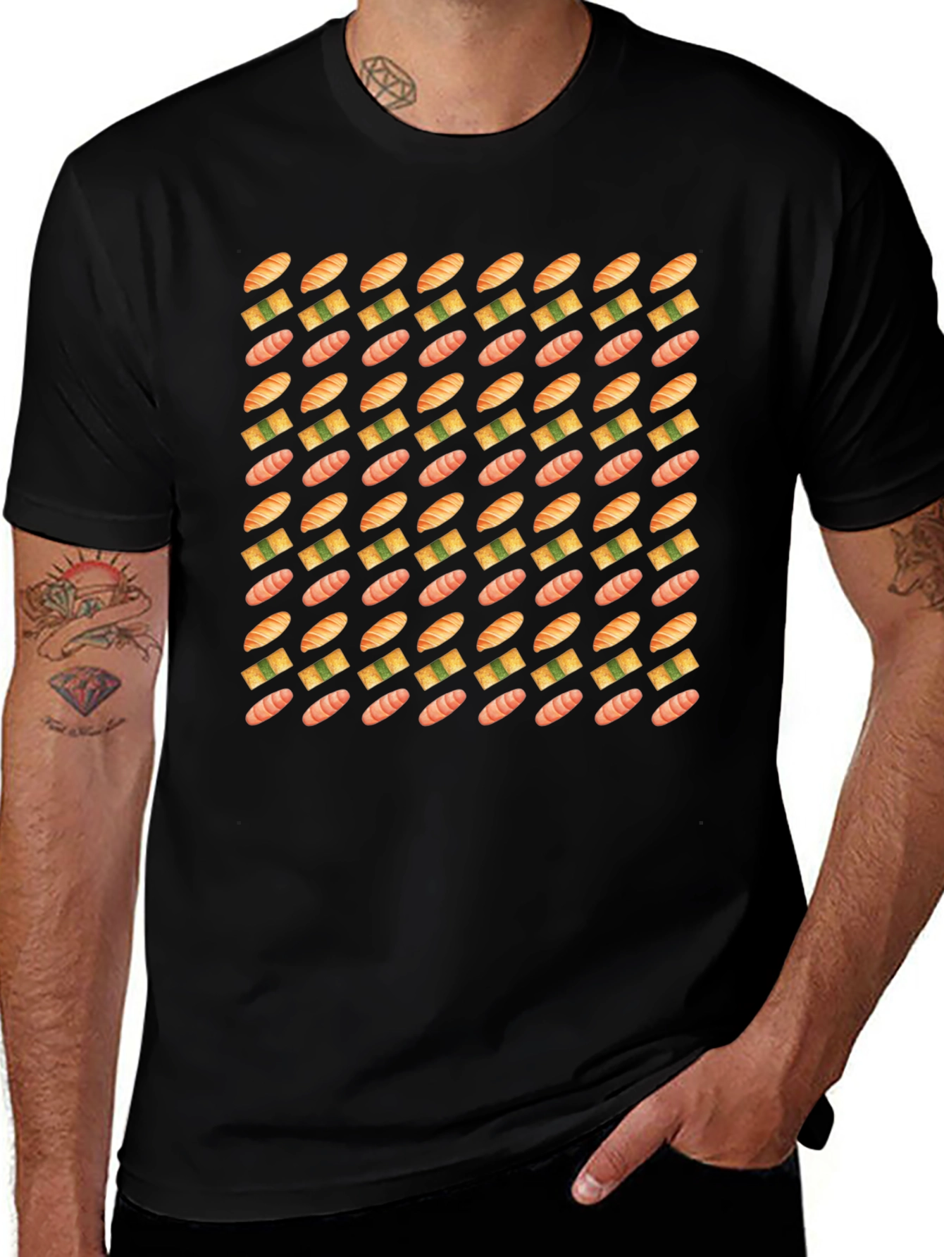 Sushi Pattern Black T-Shirt - Foodie Fashion